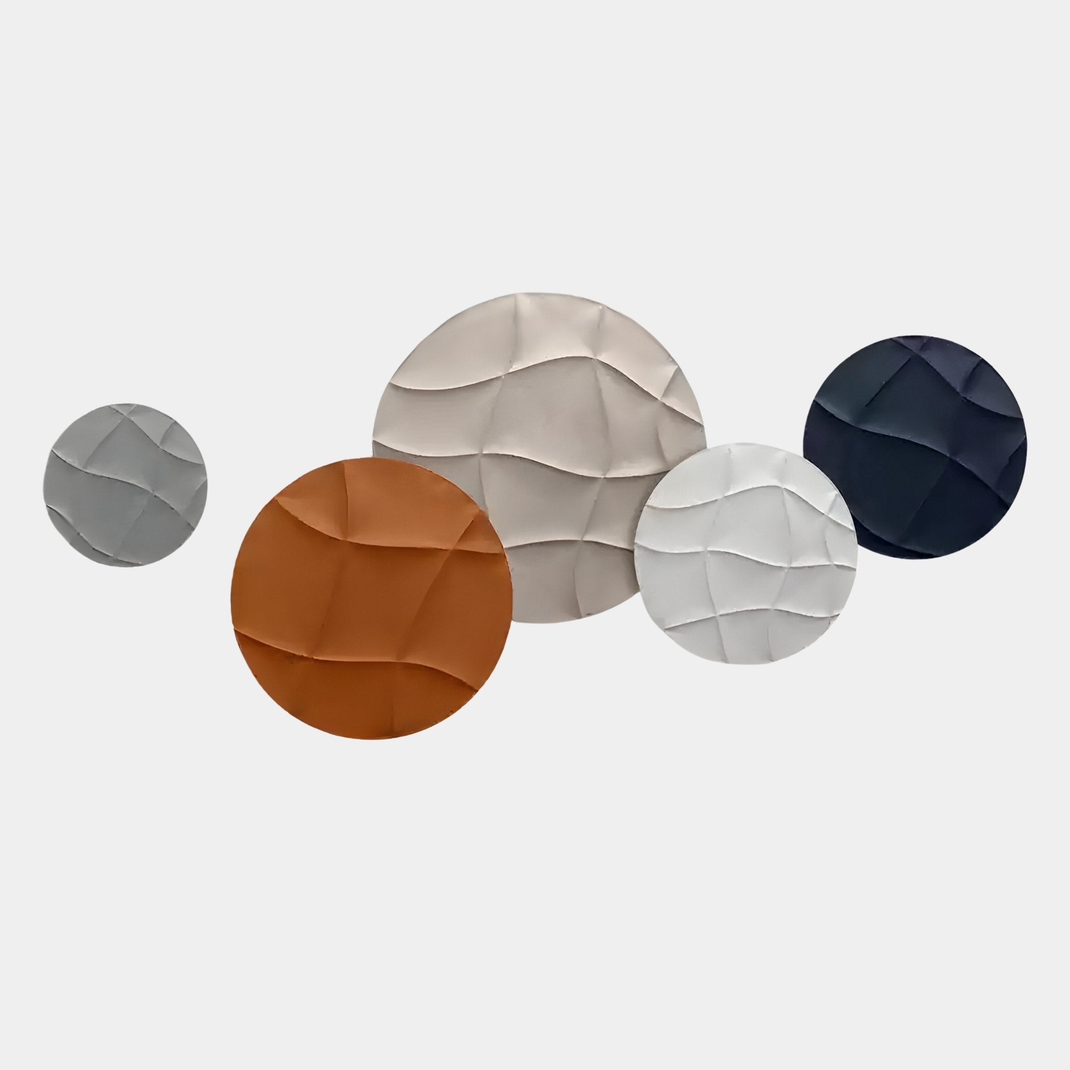 The Giant Sculptures Orbita 5-Set Circular Terra & Ivory 3D Wood Relief Wall Art features five round pieces in gray, orange, beige, white, and dark blue, each with a wavy texture for a striking display on any white background.