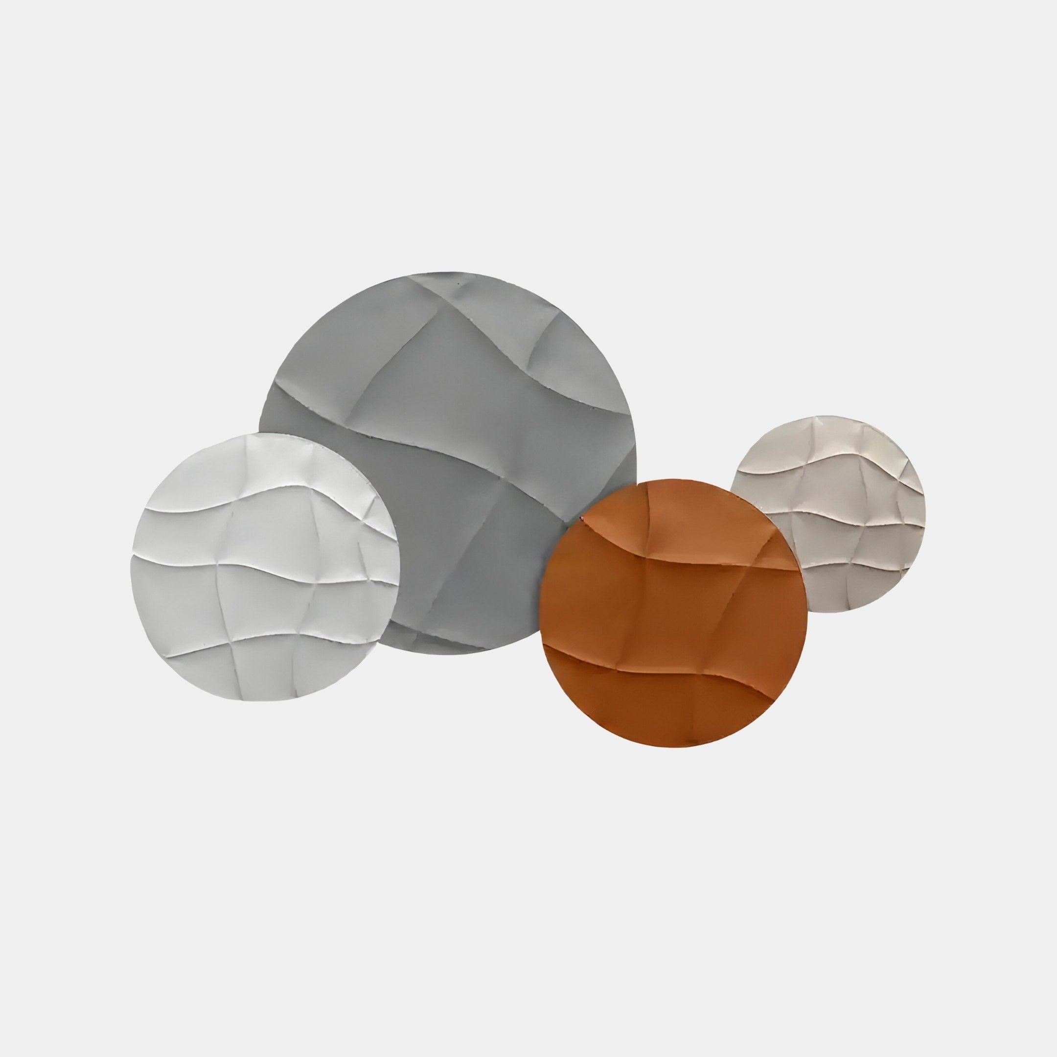 The Orbita 4-Set Circular Sand & Rust 3D Wood Relief by Giant Sculptures features abstract art with textured circles in gray, white, orange, and beige on a calm, light background.