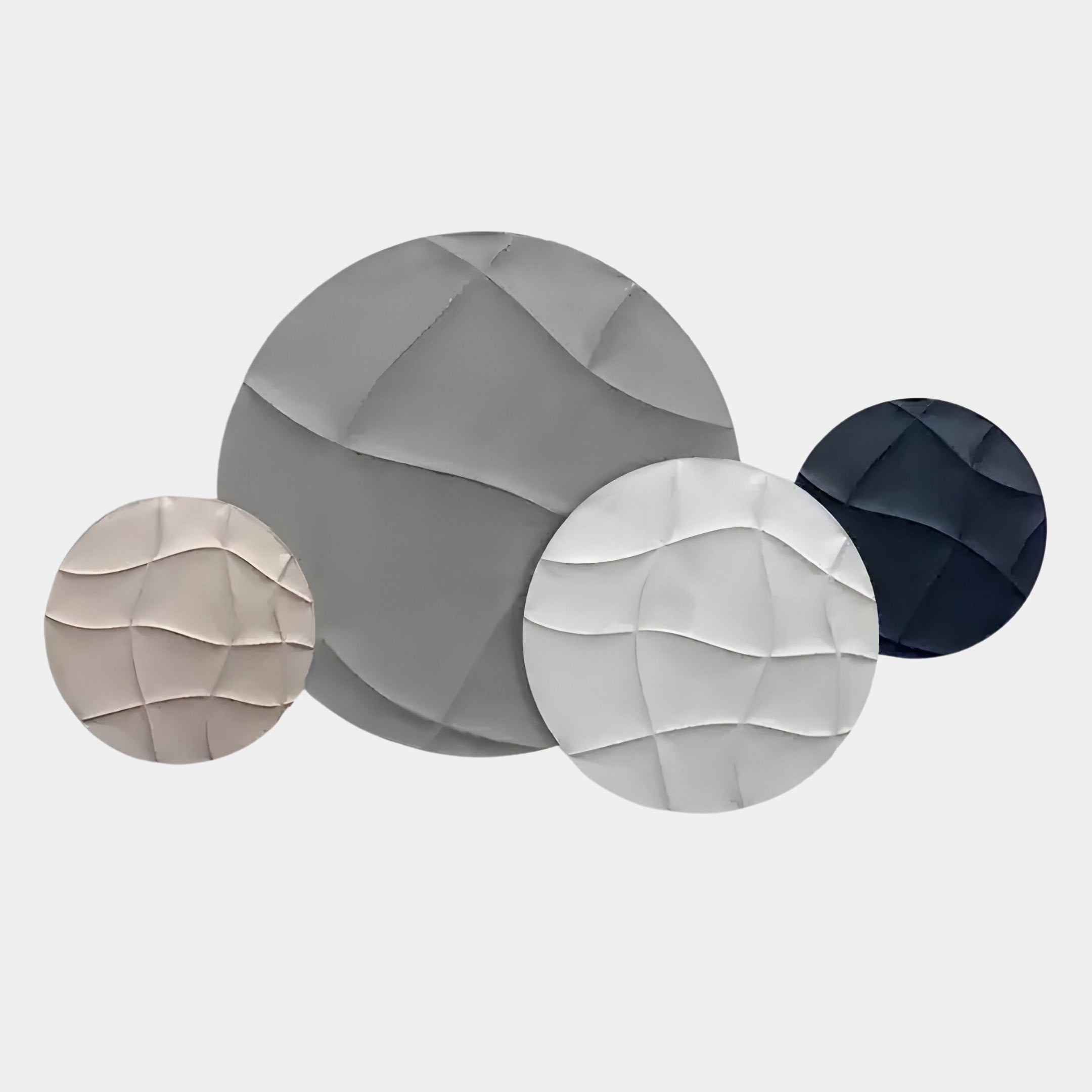 The Orbita 4-Set Circular Monochrome 3D Wood Relief Wall Art by Giant Sculptures features gray, white, beige, and dark blue overlapping textured circles in a wavy patchwork design for striking modern elegance on any wall.