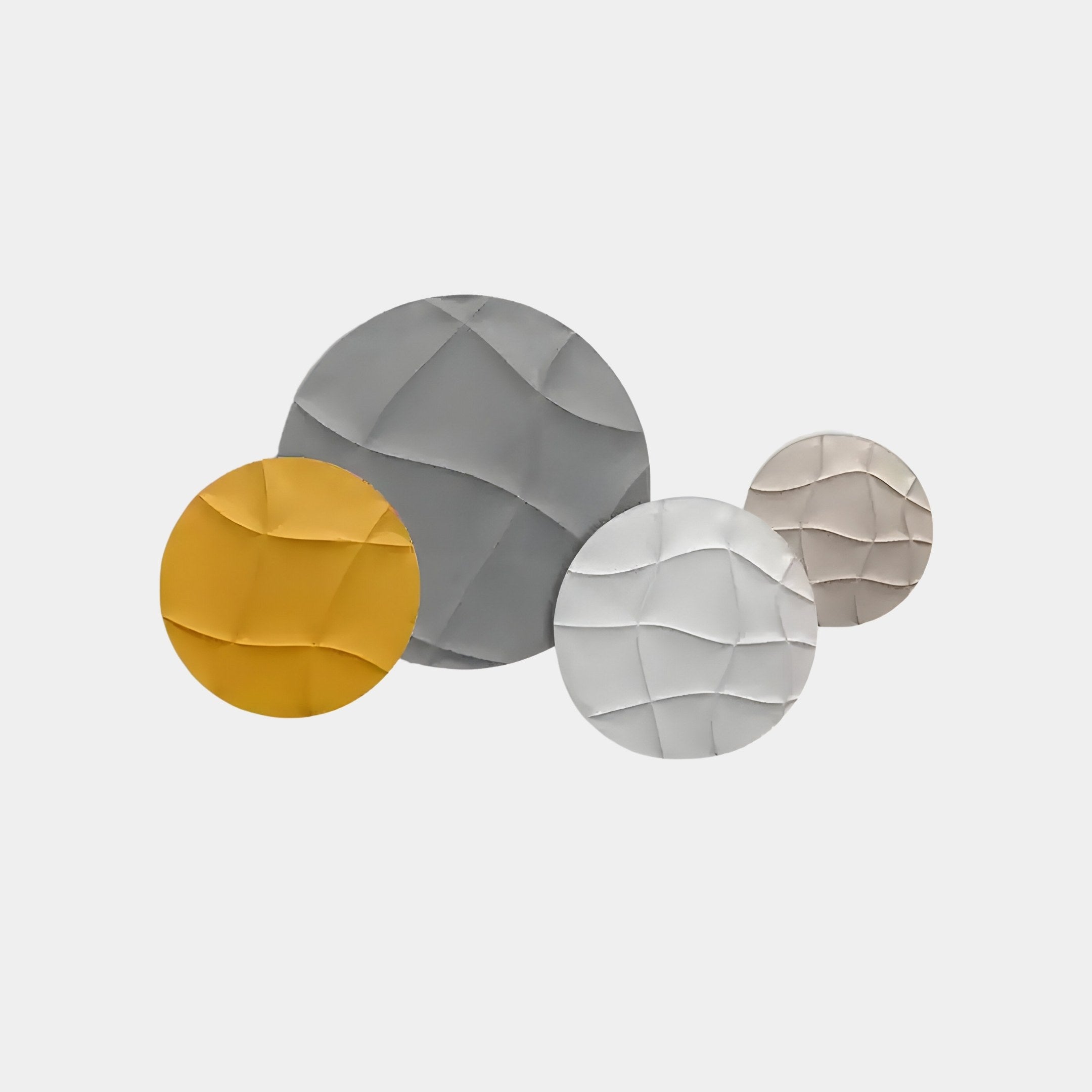 The Orbita 4-Set Circular Gold & White 3D Wood Relief Wall Art by Giant Sculptures features four round pieces with a crumpled texture, beautifully blending gray, yellow, white, and beige tones with abstract gold and white decor elements on a plain white background.
