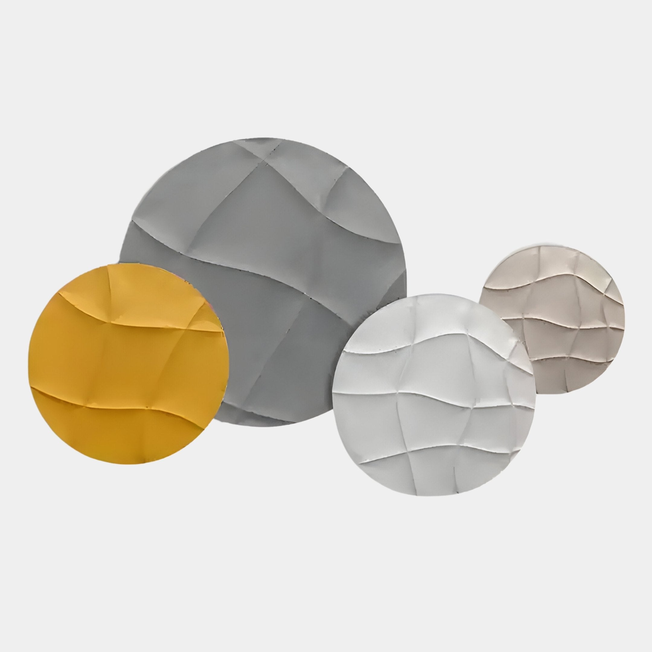 The Orbita 4-Set Circular Gold & White 3D Wood Relief Wall Art by Giant Sculptures features textured, overlapping circles in gold, white, gray, and beige for a modern statement against a plain white background.