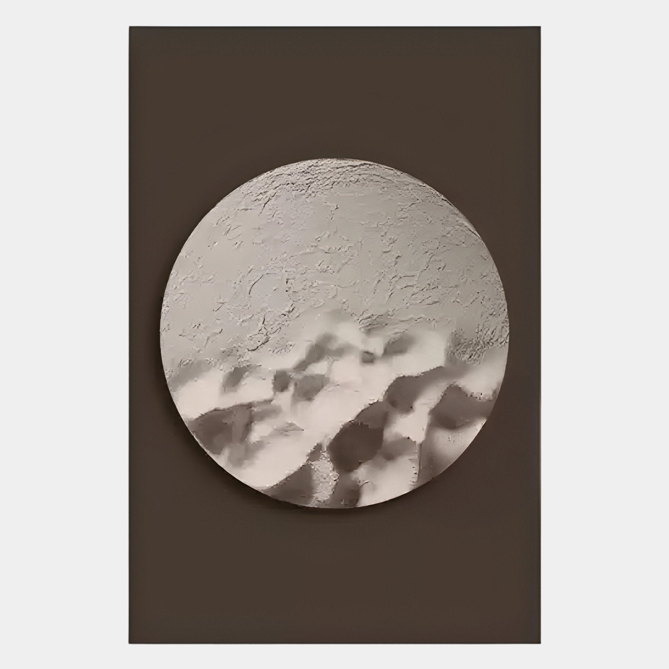 A circular, textured object with a rough surface is centered on a dark background. Like the Solivis Desert 3D Wood Relief Wall Art by Giant Sculptures, its abstract shape displays reflective and shadowed areas.