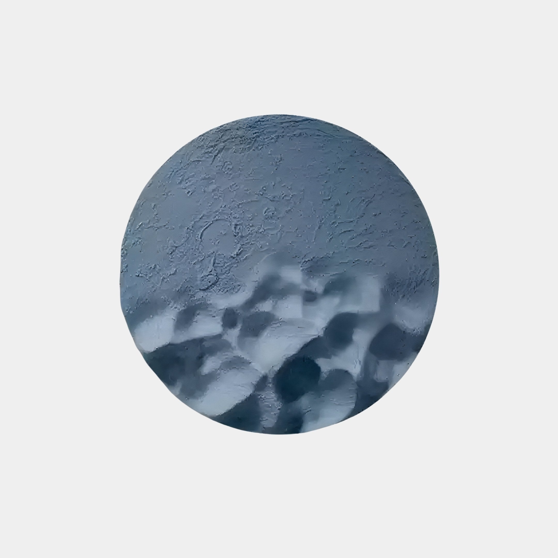 The Solivis Midnight Blue Round 3D Wood Relief Wall Art by Giant Sculptures features a circular, textured abstract in blue and gray, resembling a planet with light and shadow effects. It creates a tranquil focal point that adds depth to your space, like gazing at wood relief in the night sky.