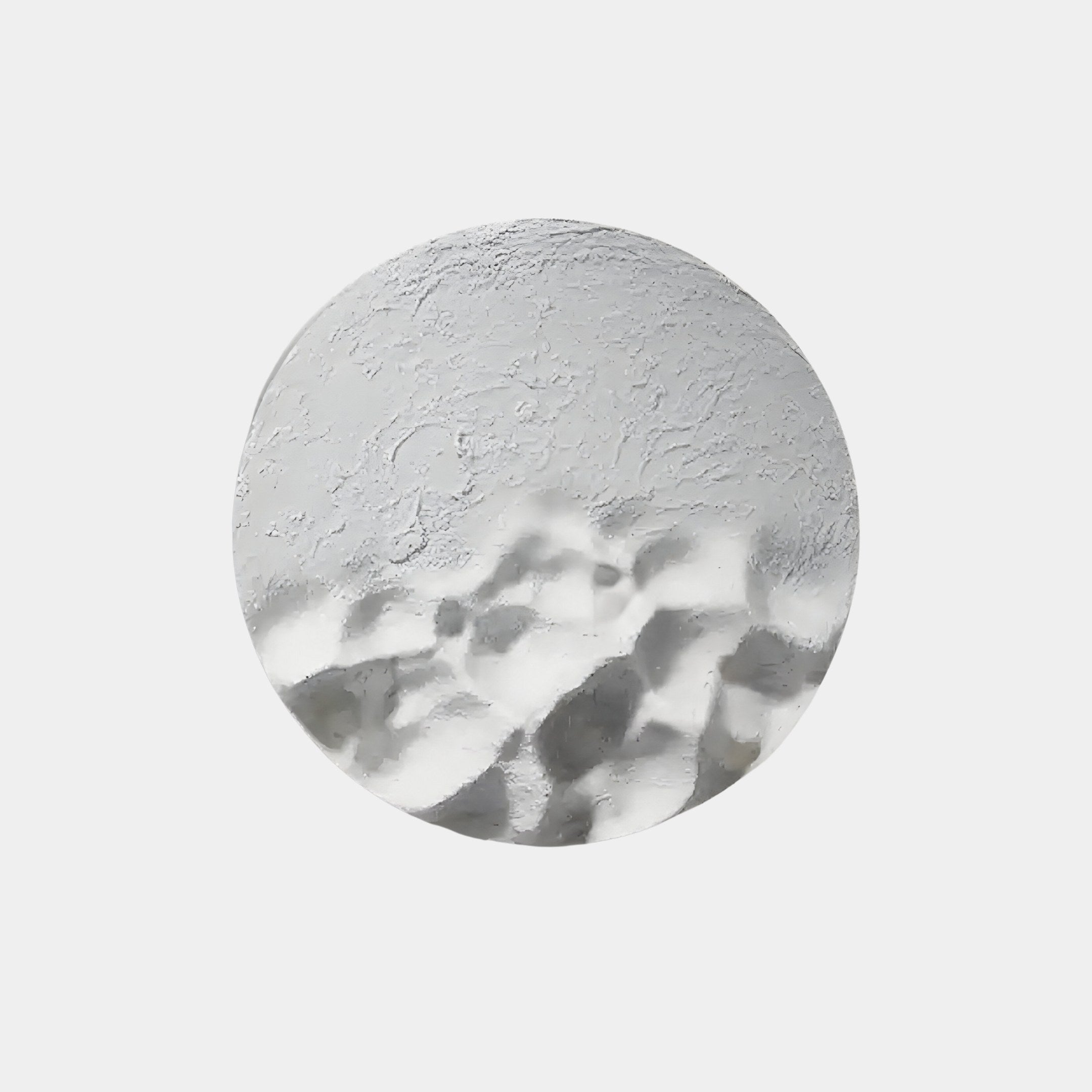The Solivis Frost White Round 3D Wood Relief Wall Art by Giant Sculptures features a textured, circular design and a frosted, icy appearance. The top is smooth with subtle lines, while the bottom half is rougher and reflective, perfect for minimalist interiors.