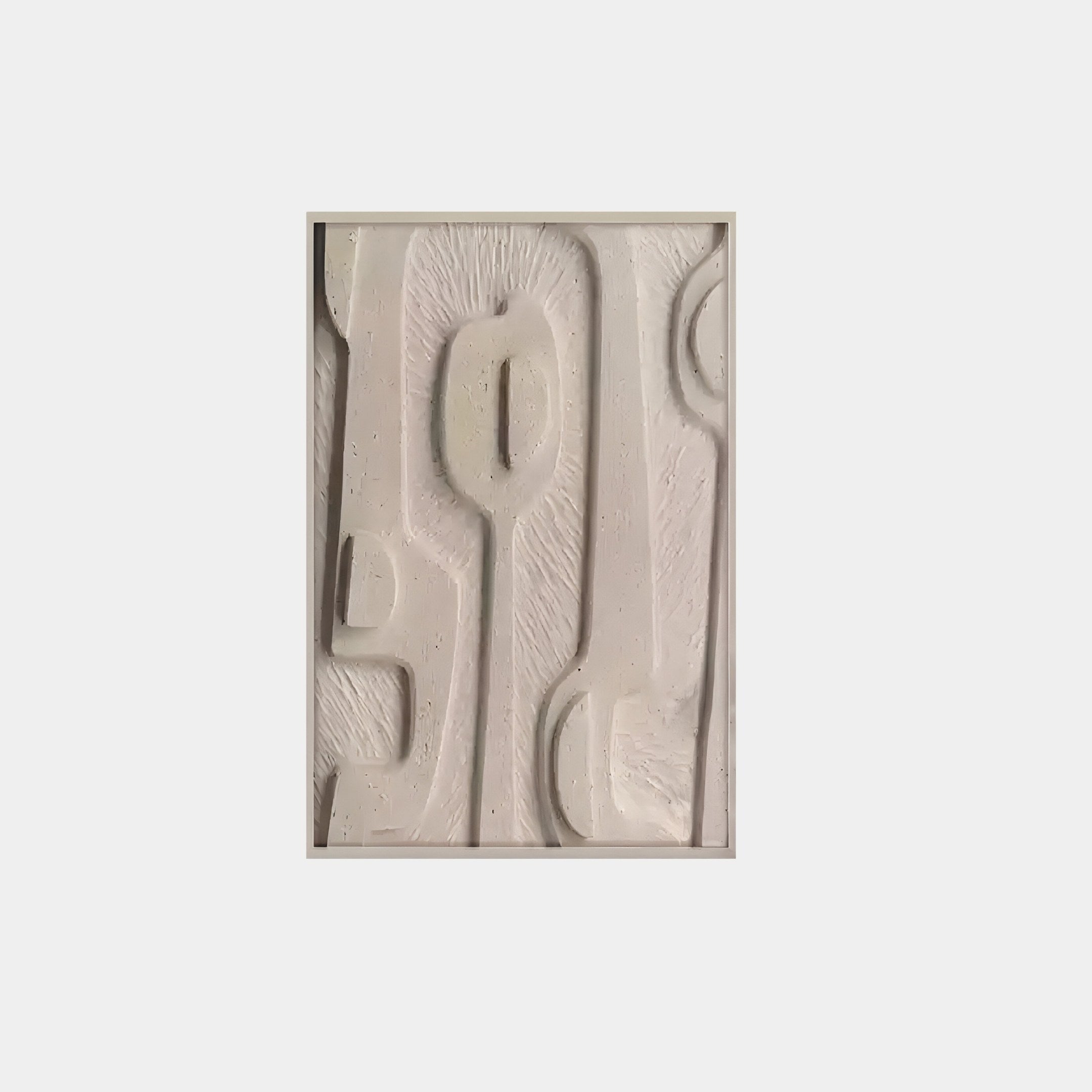 The Terravura Rectangular Warm Beige I 3D Wood Relief Wall Art by Giant Sculptures showcases abstract textured art with geometric shapes and lines, creating depth and shadow on a natural-feeling panel.