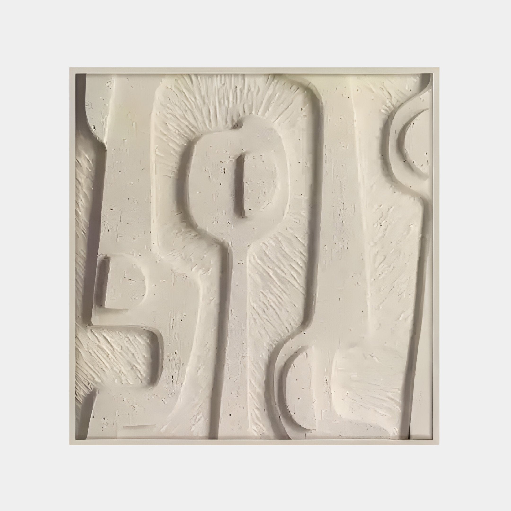 The Terravura Square Sandstone I 3D Wood Relief Wall Art by Giant Sculptures showcases abstract art with a textured white surface, raised rounded shapes, and curved lines. Its neutral hues and shadows create depth, enhancing the minimalist compositions serene and natural appeal.