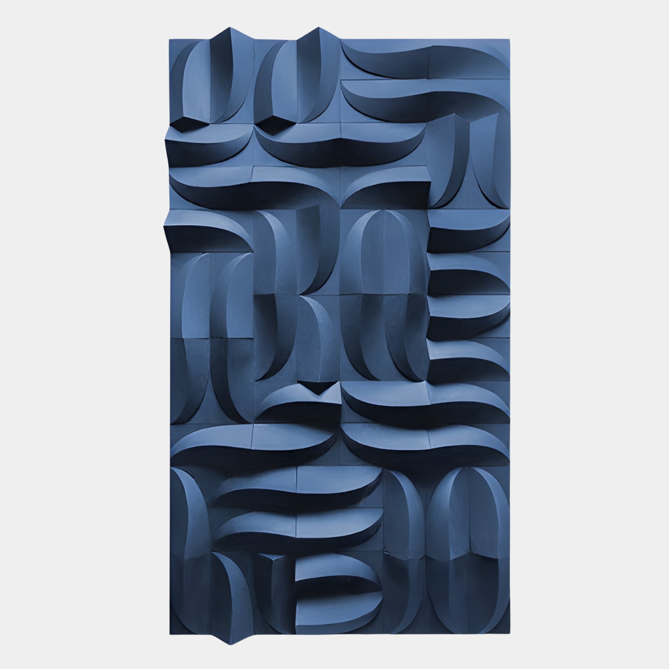 The Ombra Blue Hand-Painted Sandstone 3D Wood Relief Wall Art by Giant Sculptures features geometric curves and angles, creating an abstract pattern with dramatic light and shadow effects inspired by blue sandstone relief.