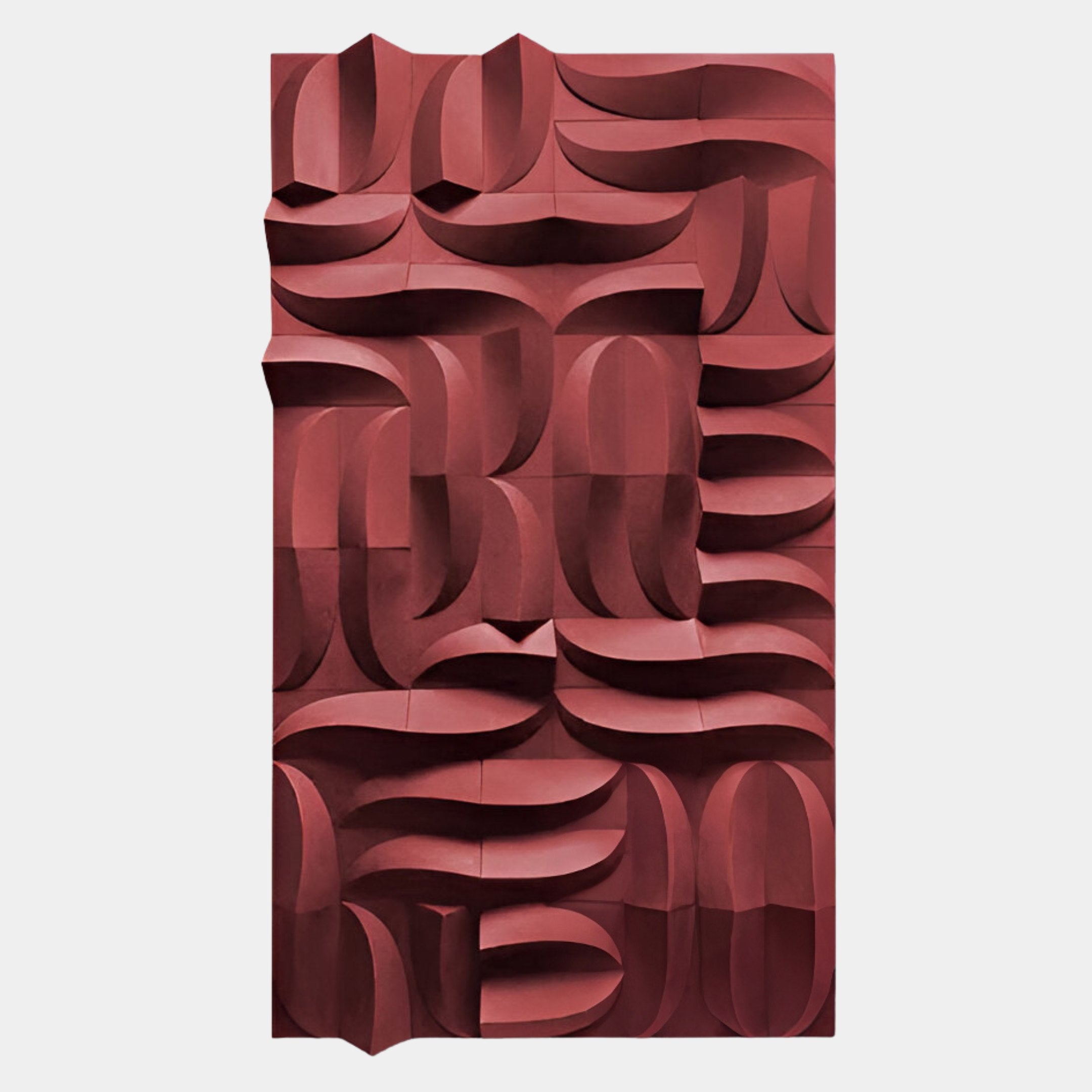 The Ombra Burgundy Hand-Painted Sandstone 3D Wood Relief Wall Art by Giant Sculptures features curved, interlocking geometric shapes in reddish-brown tones, creating striking depth and shadow on a light background.