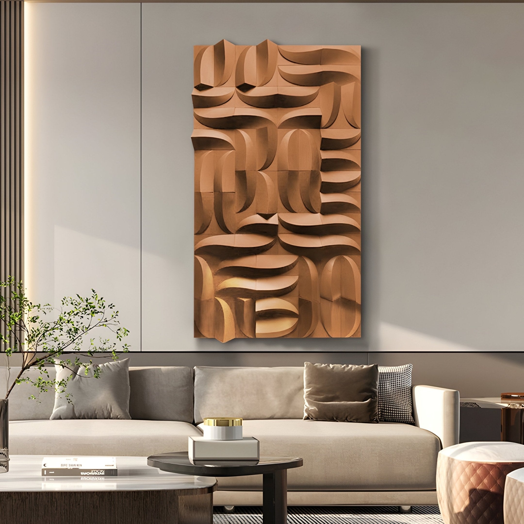 The Ombra Brown Hand-Painted Sandstone 3D Wood Relief Wall Art by Giant Sculptures hangs in a modern living room above a gray sofa with cushions, while decorative items rest on the coffee table. Sunlight filters through the window, enhancing the serene atmosphere.