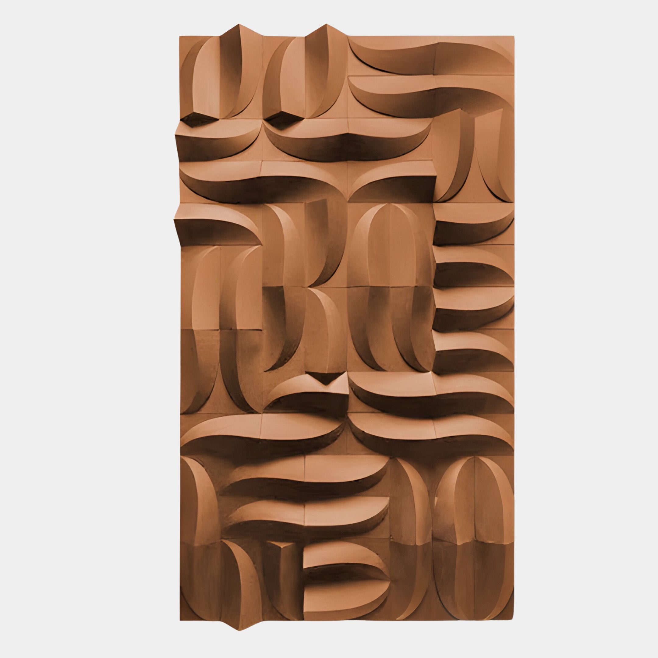 The Ombra Brown Hand-Painted Sandstone 3D Wood Relief Wall Art by Giant Sculptures features a rectangular grid of abstract curved and geometric shapes with a smooth, warm brown finish for a striking textured effect.