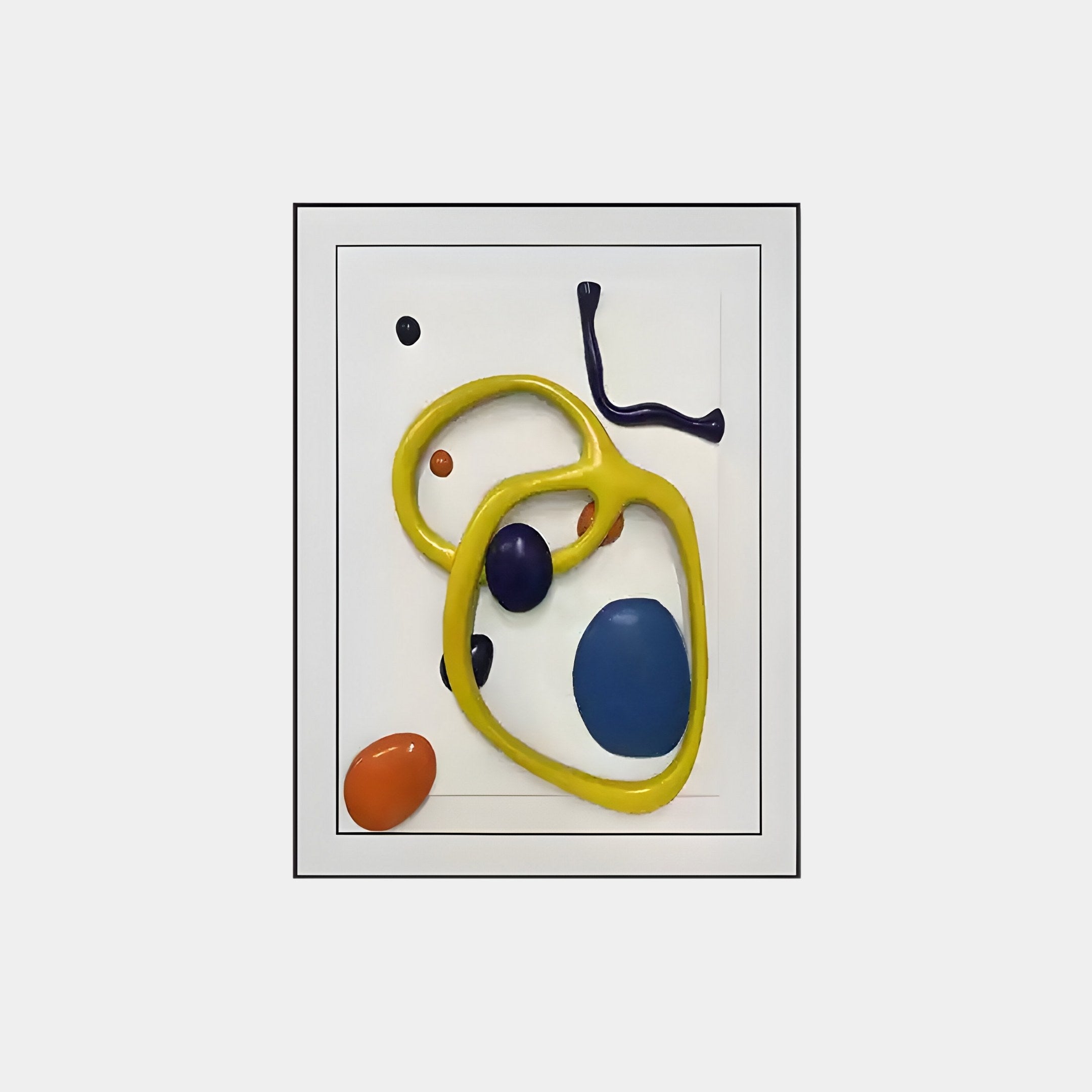 The Vitrus Yellow & Blue Abstract Wood Embossed 3D Wall Art by Giant Sculptures features bold, 3D shapes on white: a yellow loop with blue and orange ovals, dotted with black and a squiggly line for movement, all within a framed square accented by subtle wood textures.