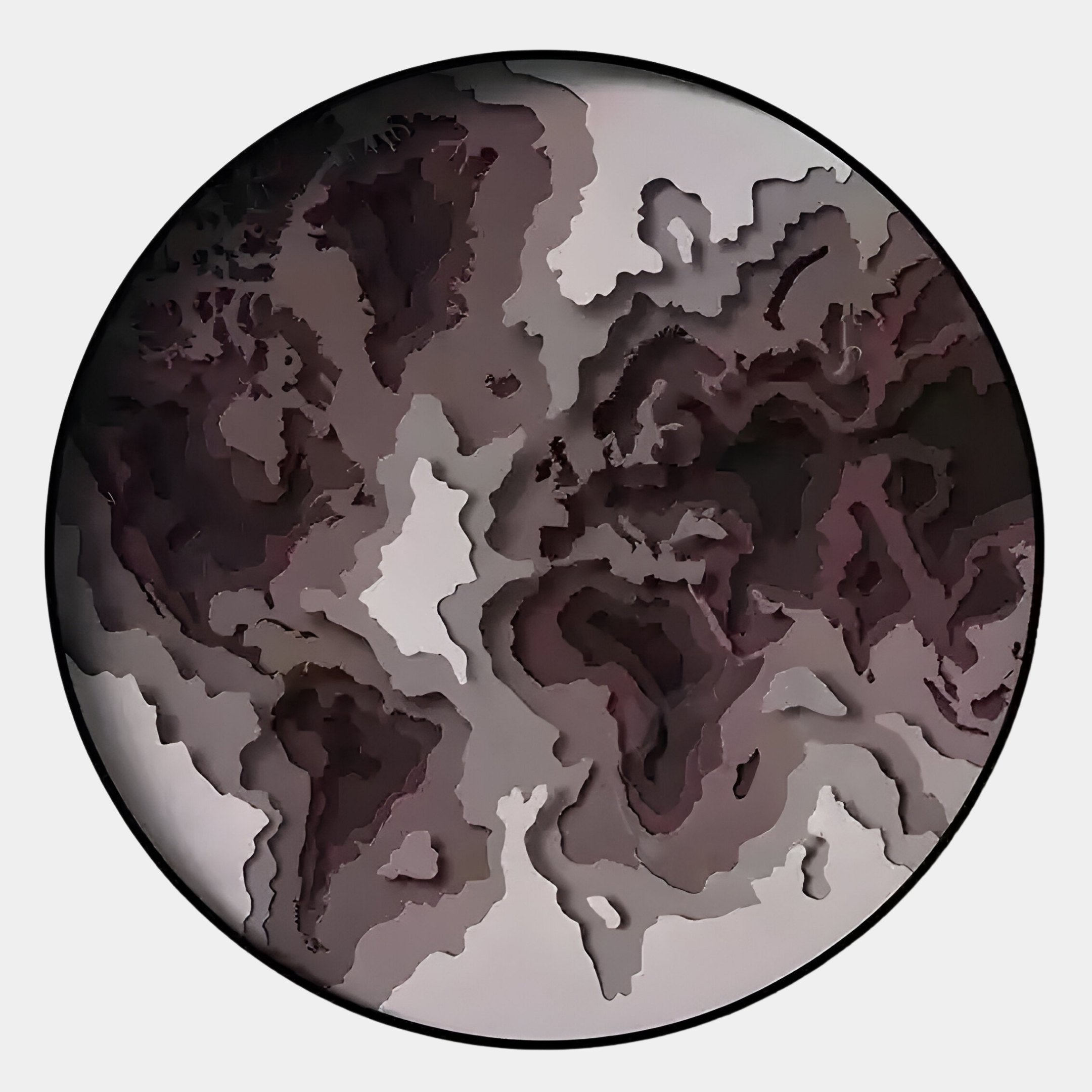 The Terranova Mocha Brown Round Wood Carving 3D Wall Art by Giant Sculptures features layered, swirling mocha and gray tones in an abstract, topographic-inspired design that creates striking natural terrain decor against light backgrounds.