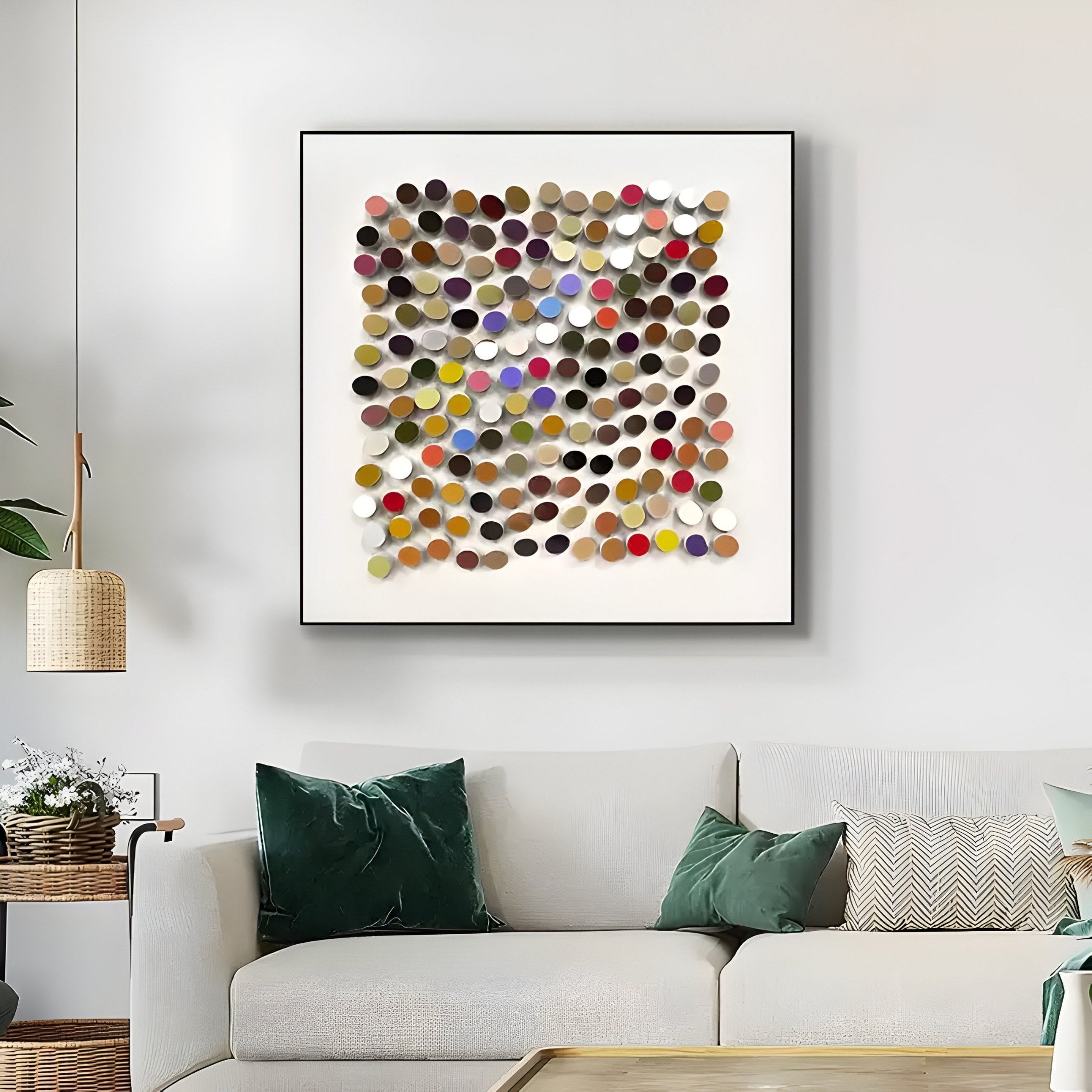 A modern living room showcases a large abstract painting of multicolored dots on white canvas, featuring a light gray sofa with green and patterned cushions. It also includes the Aeris Multi-Coloured Wooden Disc 3D Wall Art by Giant Sculptures, complemented by plants for a natural touch.