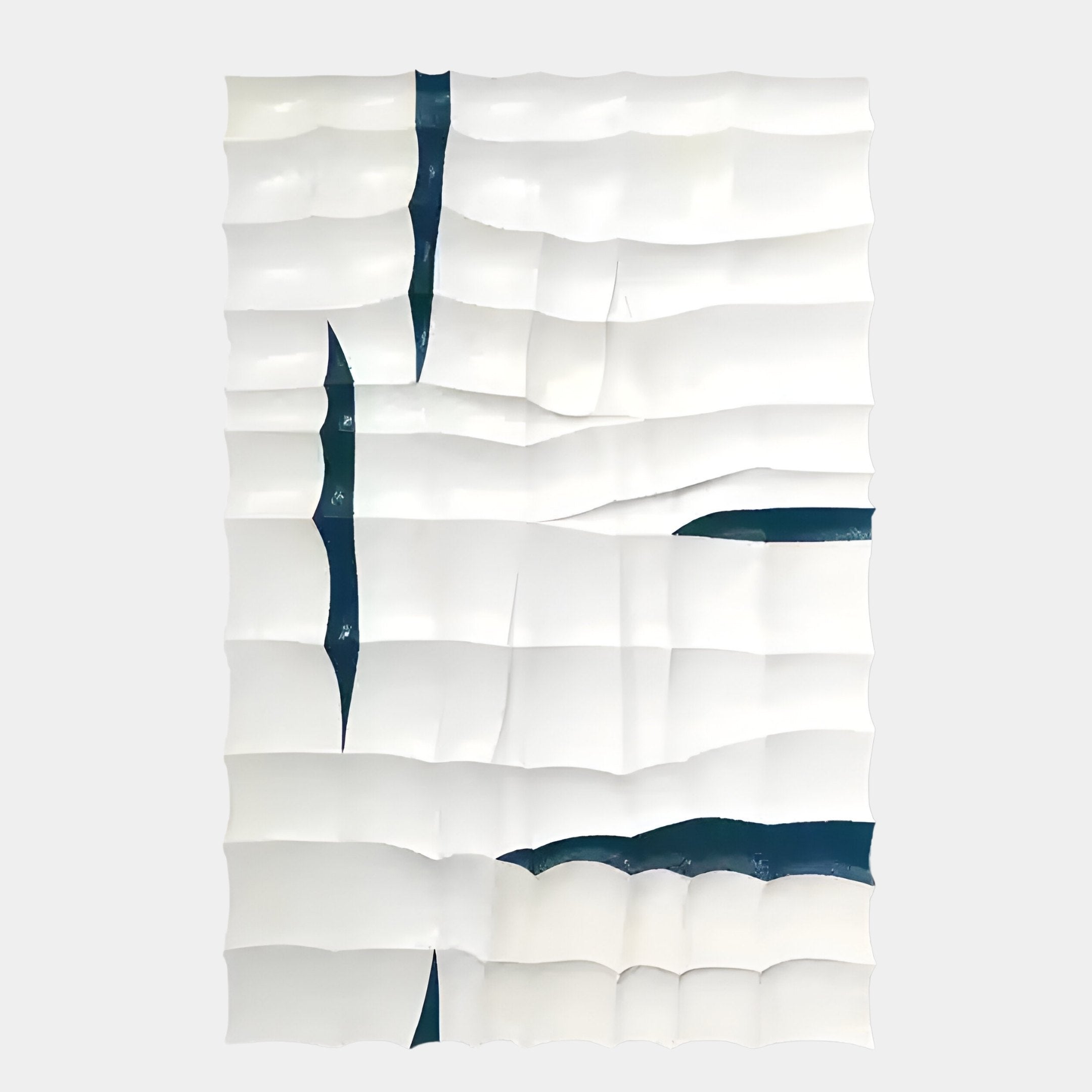 Striata White & Blue Wood Carving 3D Wall Art by Giant Sculptures features a white, wavy, layered surface with blue accents and dark blue cracks for an abstract, textured effect.