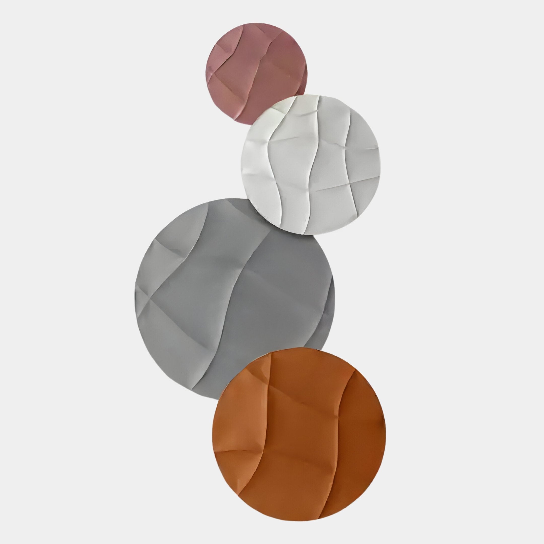The Giant Sculptures Orbura 4-Set Circular Rust & Blush 3D Wood Relief Wall Art features overlapping pink, white, gray, and brown quilted-look panels with artistic stitching—ideal for adding texture to your decor.