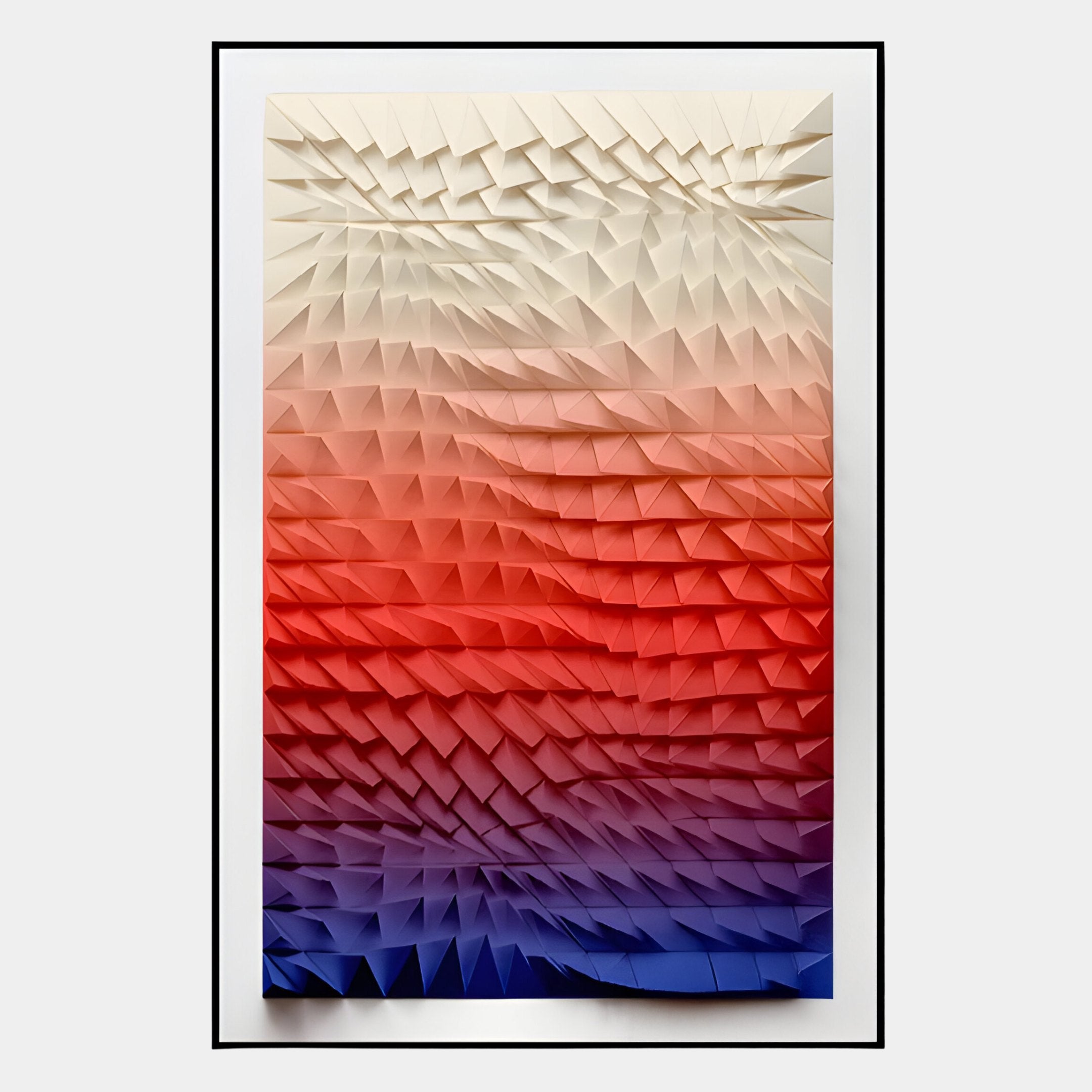 The Elorium Sunset Gradient Hand-Painted Wood Relief 3D Wall Art by Giant Sculptures features layered triangular spikes in a cream to red to deep blue gradient on white with a black border—perfect for modern spaces.