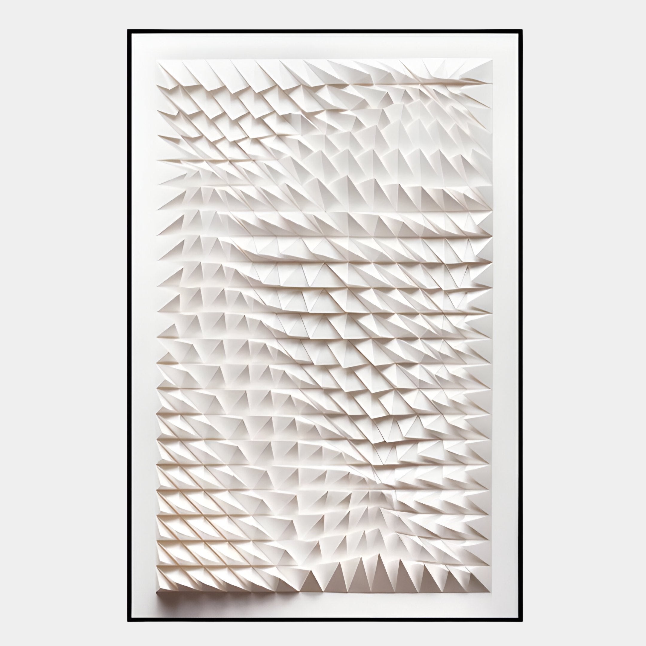 The Elorium White Weave Hand-Painted Wood Relief 3D Wall Art by Giant Sculptures features a white rectangular design with triangular folds, creating a textured, modern pattern with shadows and depth reminiscent of woven art.