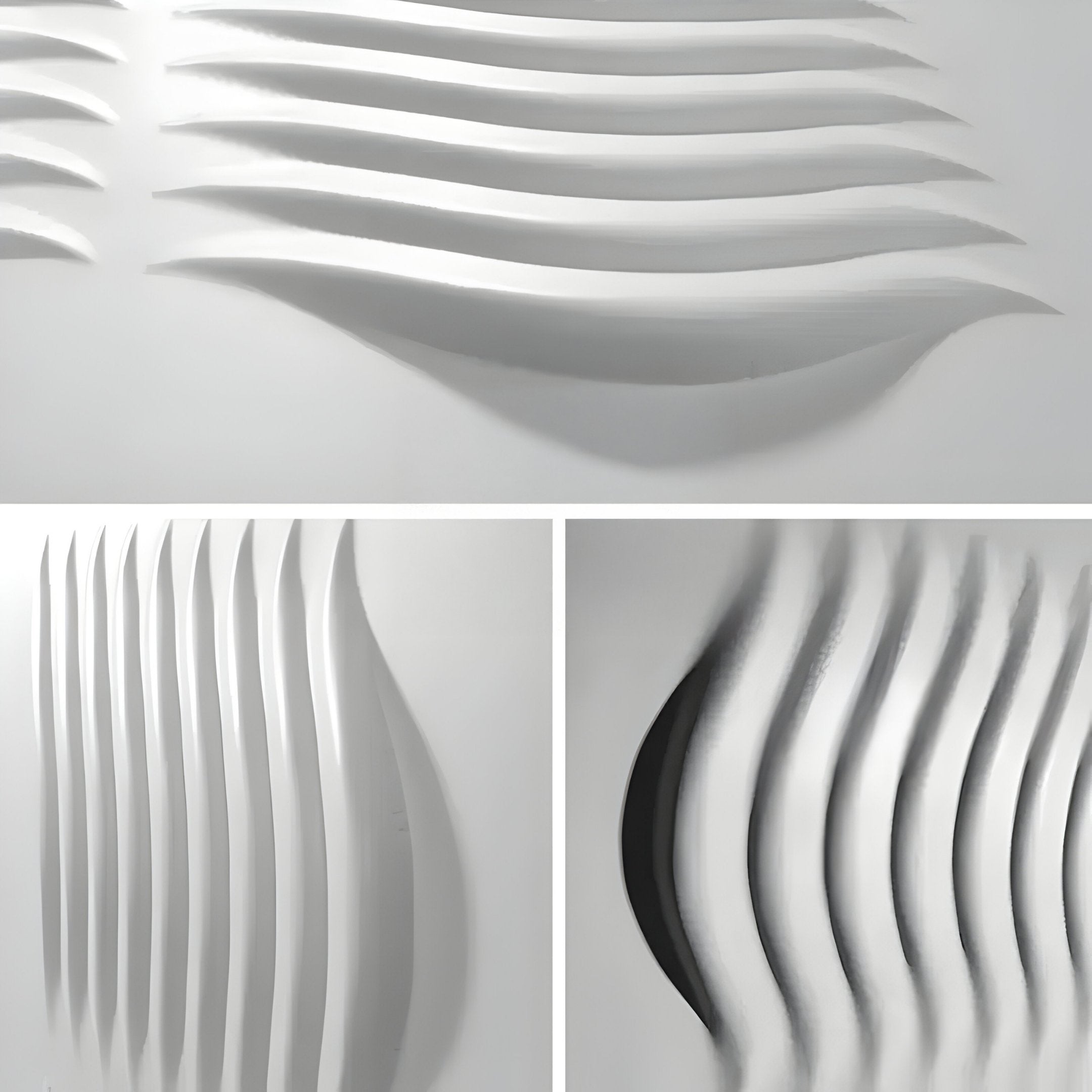 The Ondara Wave White Square Wood Relief 3D Wall Art by Giant Sculptures consists of three sections: the top with horizontal white curves, the bottom left with vertical wavy ridges, and the bottom right with blurred wavy lines on a white background—ideal for modern interiors.