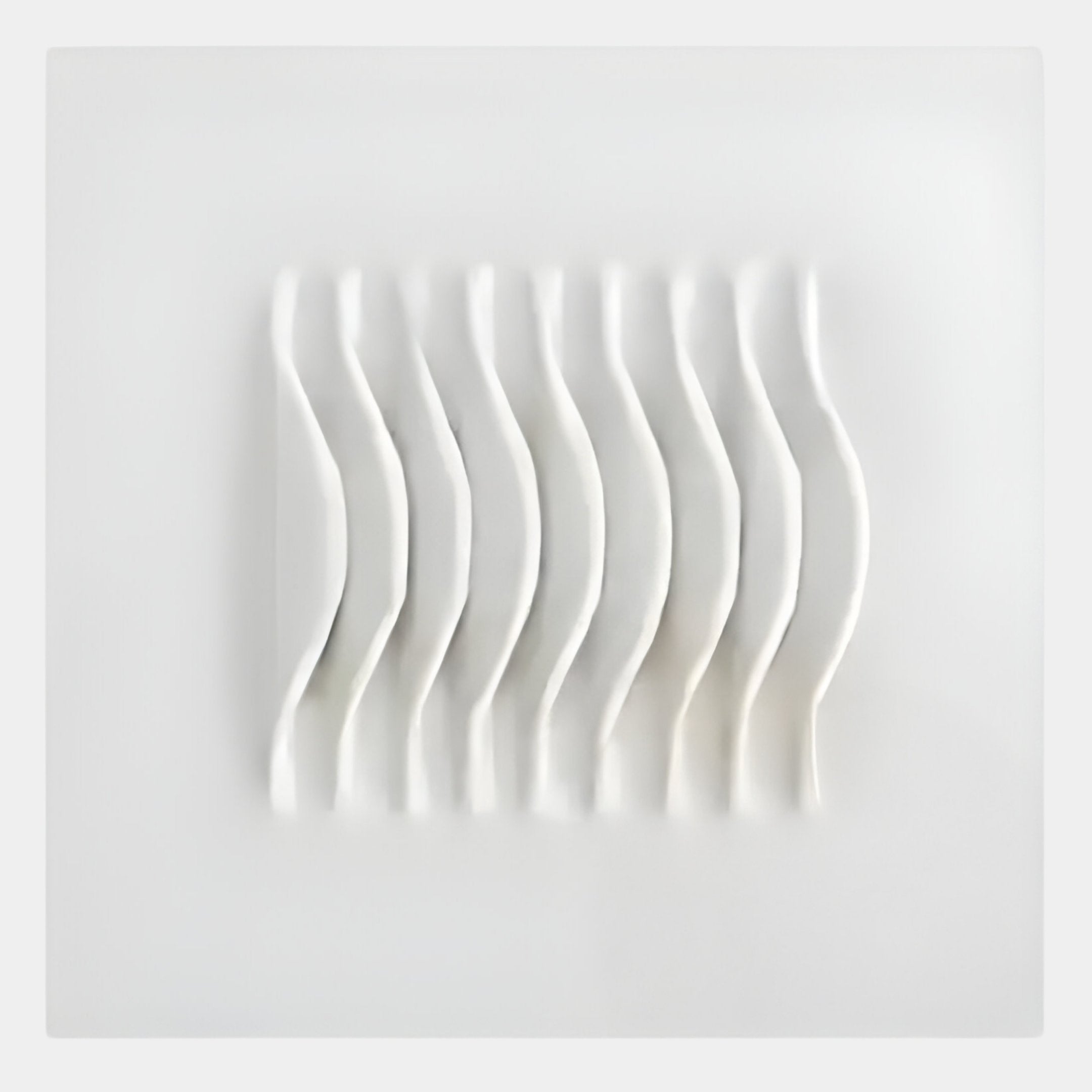 Evenly spaced white wavy lines rise over a smooth, pale surface, producing a minimalist, abstract look inspired by Modern Serenity and the Ondara Wave White Square Wood Relief 3D Wall Art by Giant Sculptures.