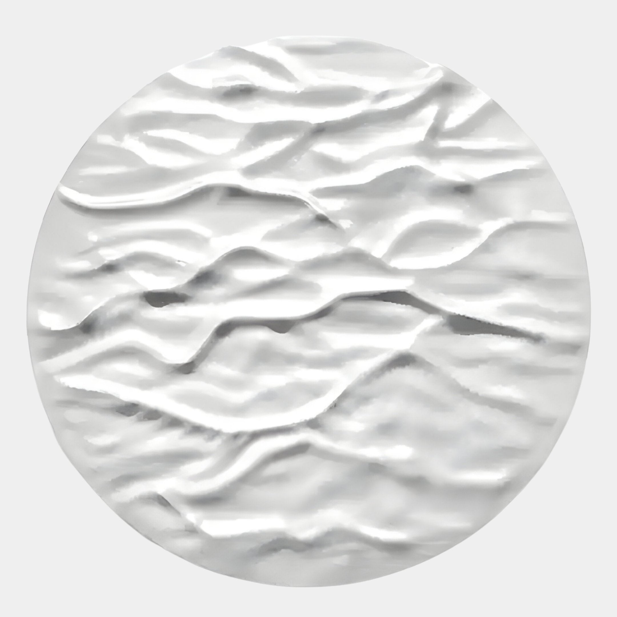 The Orenda Ripple Wave White Wood Relief 3D Wall Art by Giant Sculptures features a round, white textured surface with raised, wavy lines and Japanese-inspired minimalist design, displayed on a light gray background.