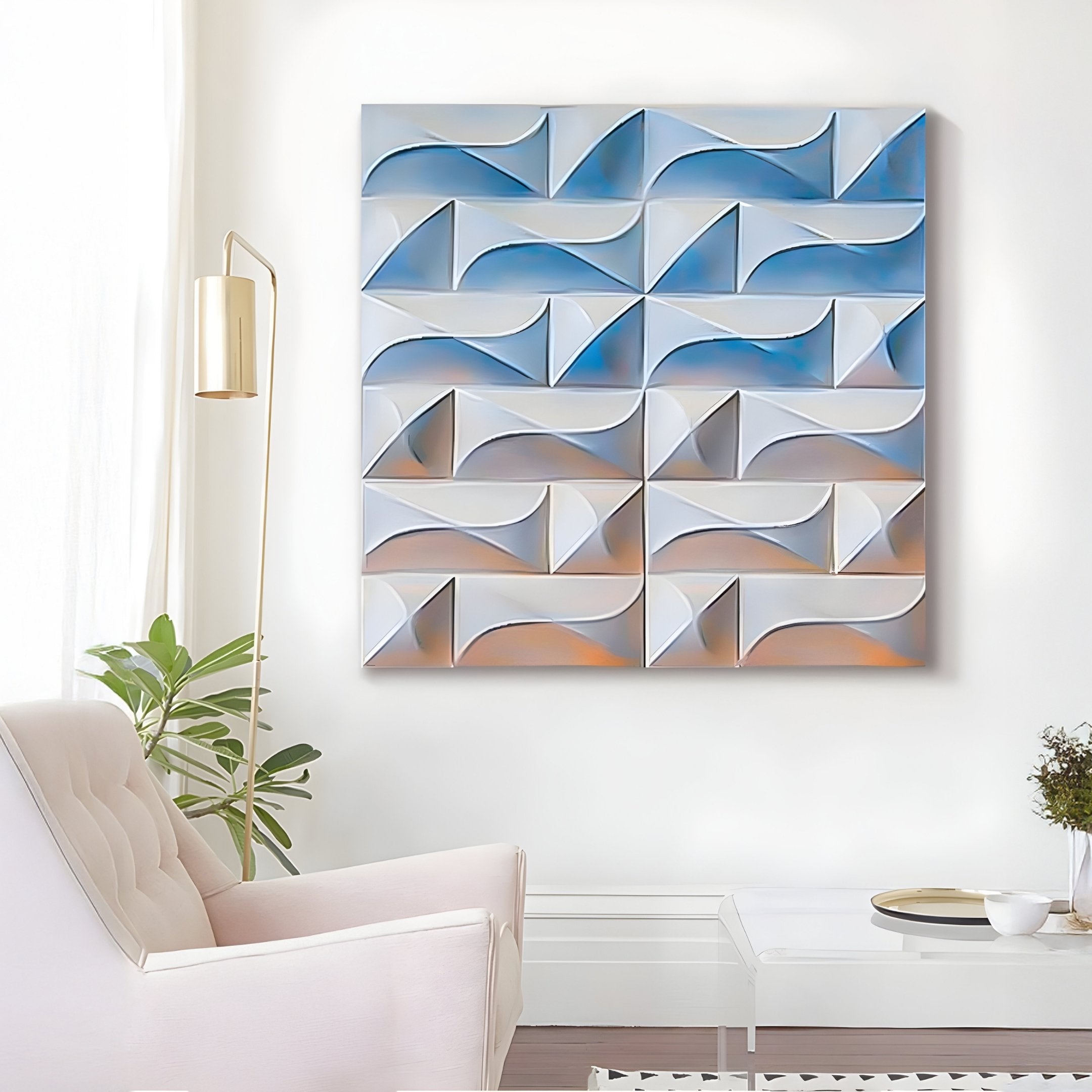 A modern living room features a beige armchair, gold floor lamp, and a white coffee table with a plant and tray. The wall is adorned with the Elysia Geometric Cool Gradient Wood Relief 3D Wall Art by Giant Sculptures, adding depth with its abstract blue and gray design.