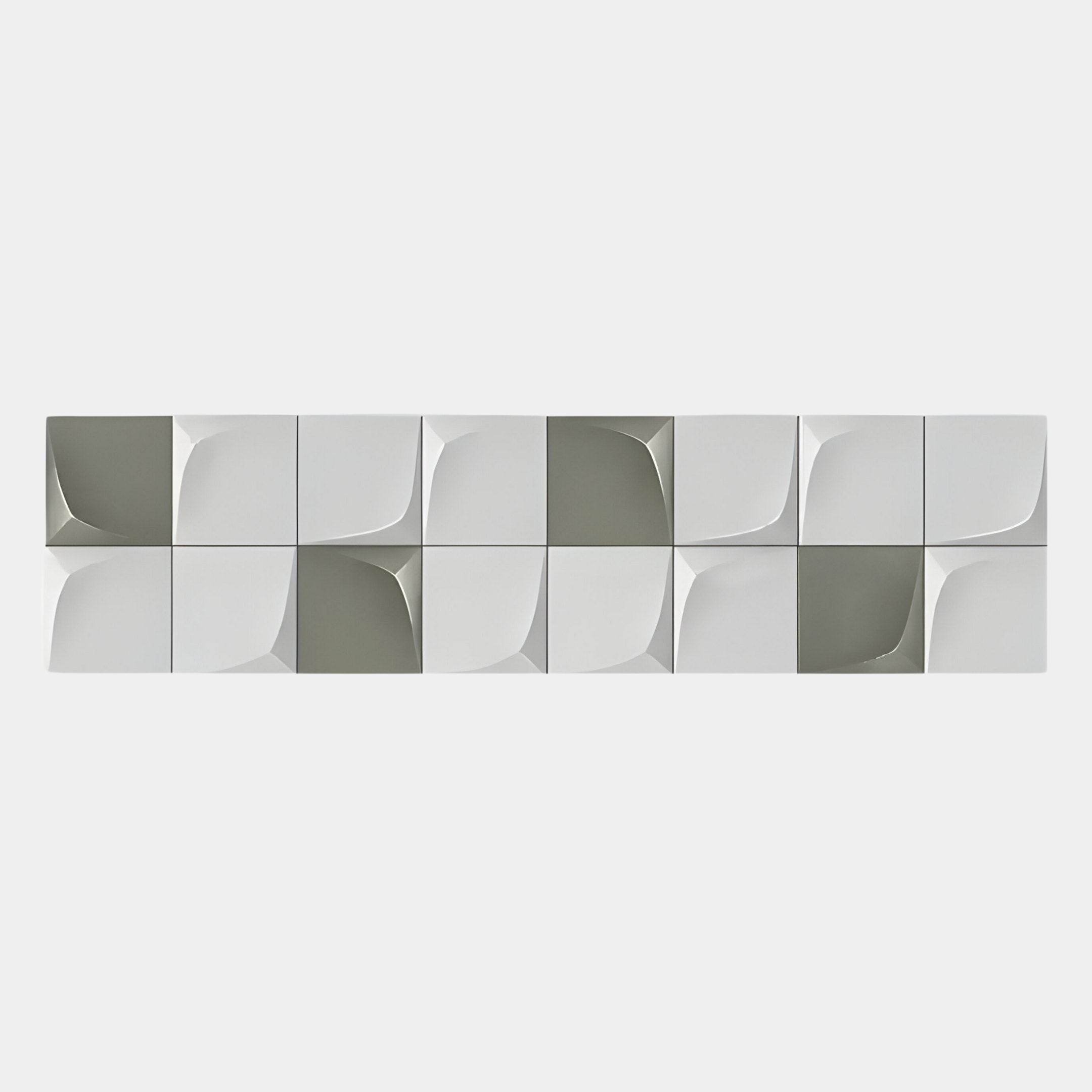 The Averra White & Sage Linear Wood Relief 3D Wall Art by Giant Sculptures features sixteen square tiles with minimalist geometric patterns in white and sage, each showcasing stylized concave or convex designs for a subtle optical illusion.