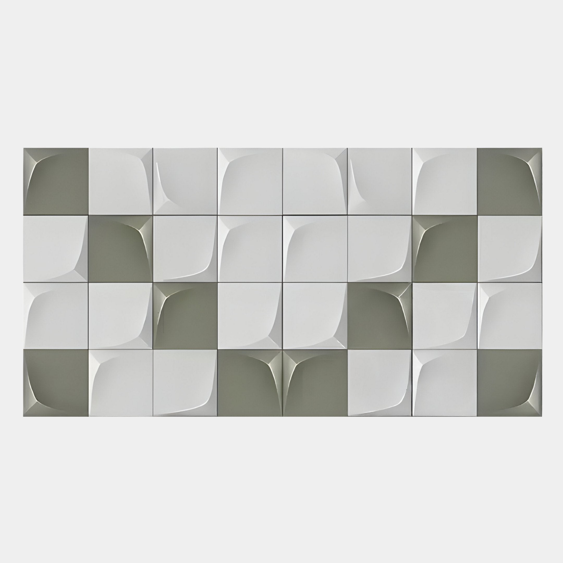 The Averra White & Sage Geometric Wood Relief 3D Wall Art by Giant Sculptures features 24 square tiles in white, gray, and sage, creating a stunning three-dimensional optical illusion for modern decor.