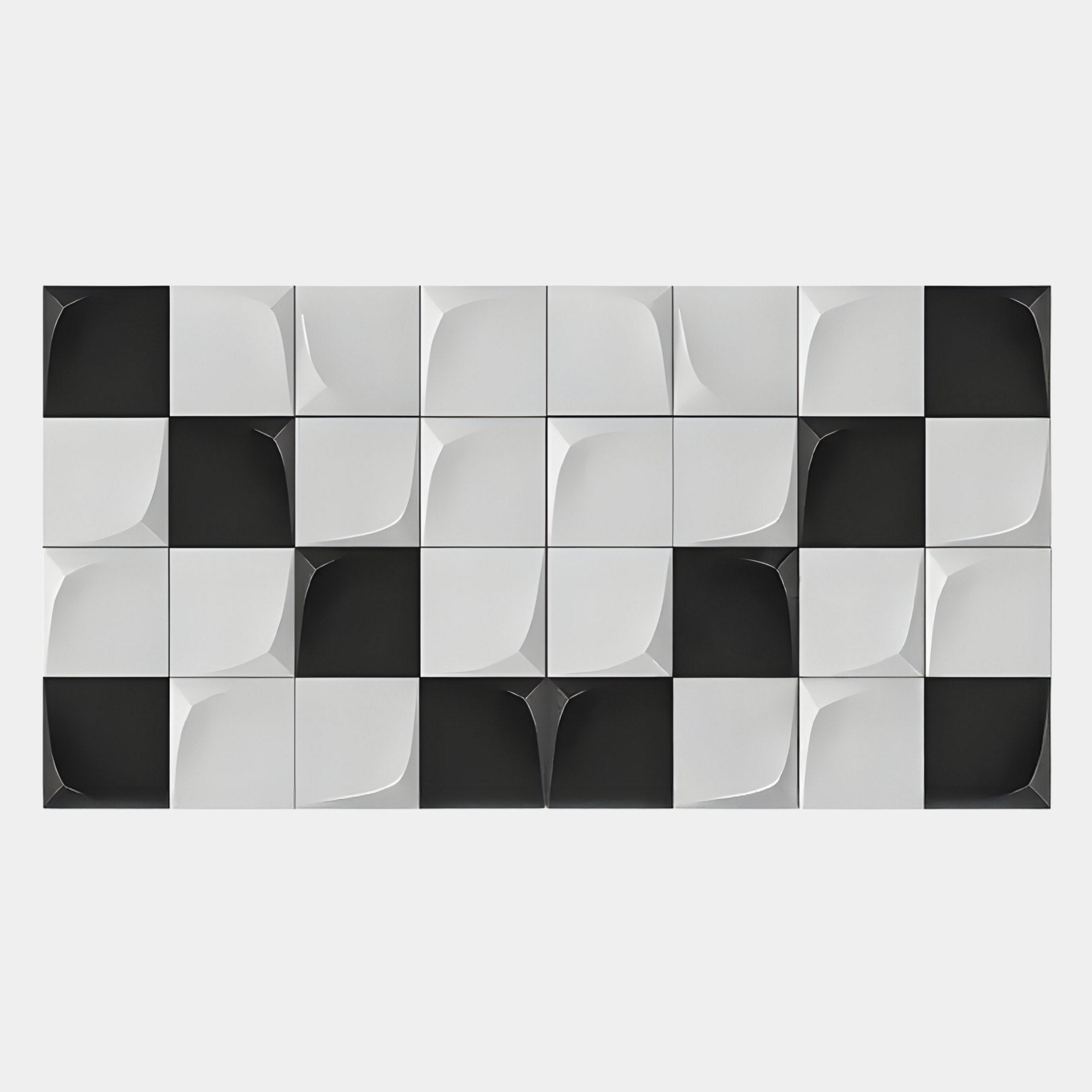 The Averra White & Black Geometric Wood Relief 3D Wall Art by Giant Sculptures features 24 square tiles in a grid with sculptural, curved surfaces and bold black-and-white contrasts for a striking optical effect.