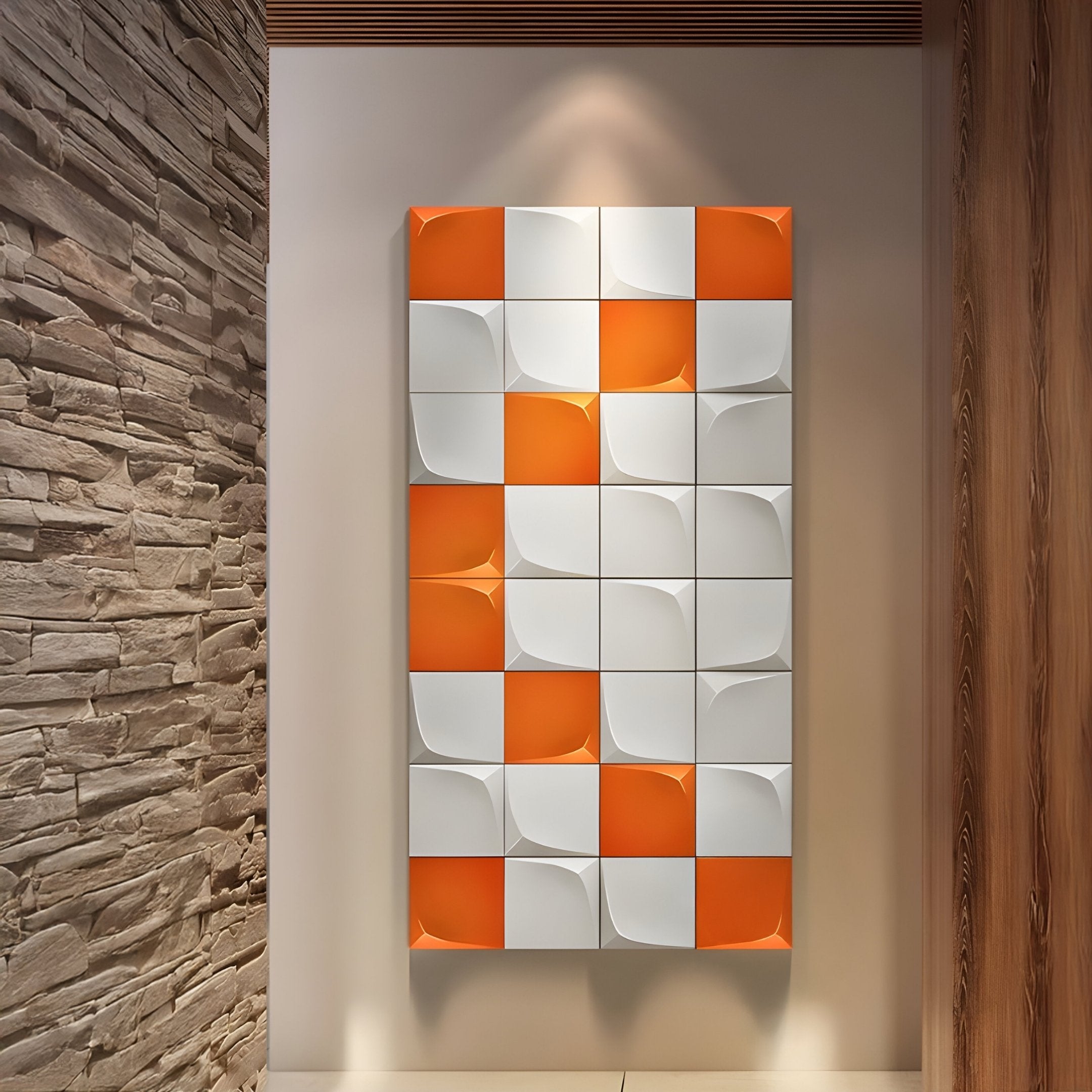 The Averra White & Orange Geometric Wood Relief 3D Wall Art by Giant Sculptures features curved shapes with white and orange tiles in a grid pattern, stylishly mounted between textured stone and wood paneling, adding modern flair to any space.