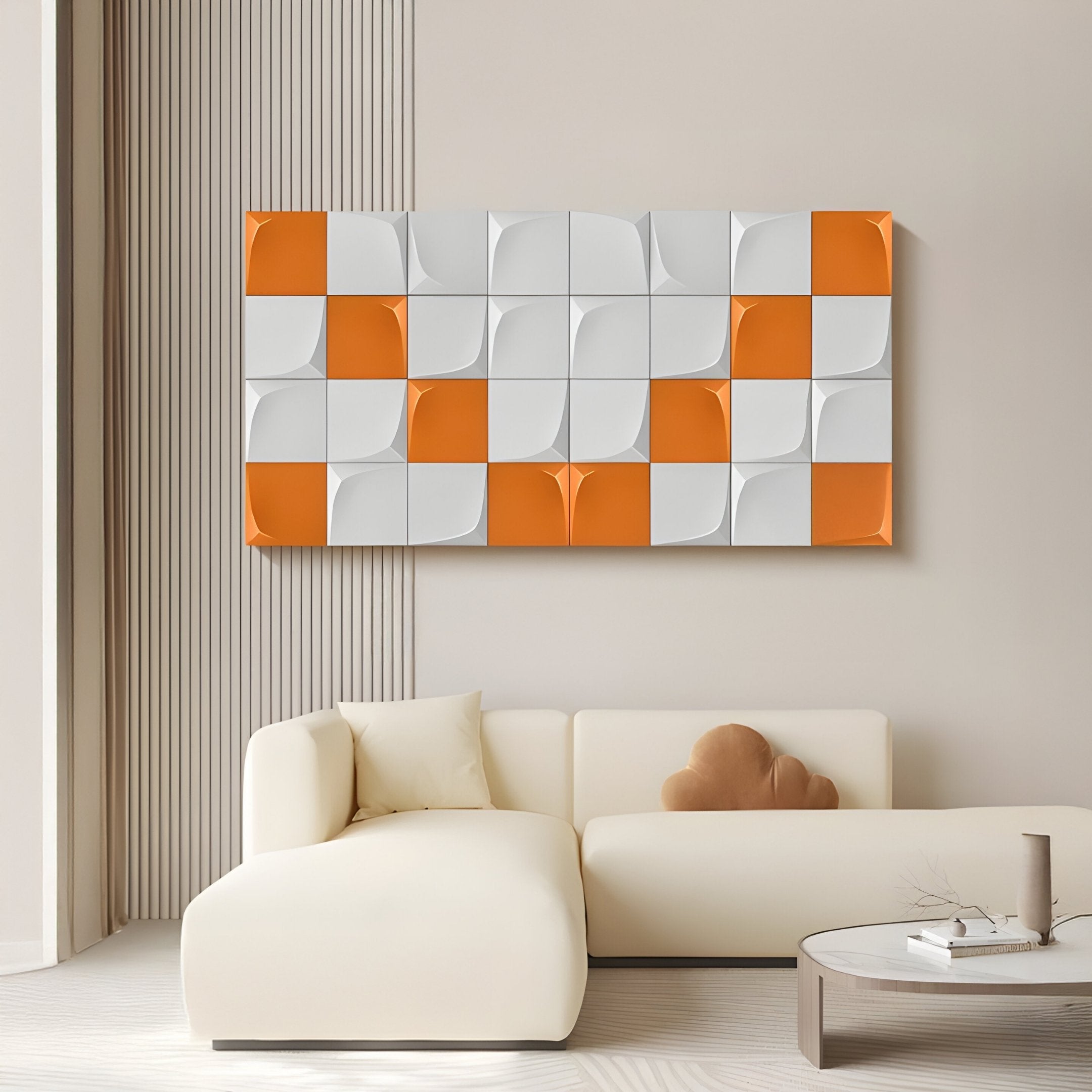A minimalist living room showcases a beige sofa with light pillows and a round coffee table. An Averra White & Orange Geometric Wood Relief 3D Wall Art by Giant Sculptures adds modern flair, while neutral-toned walls and flooring enhance the serene ambiance.