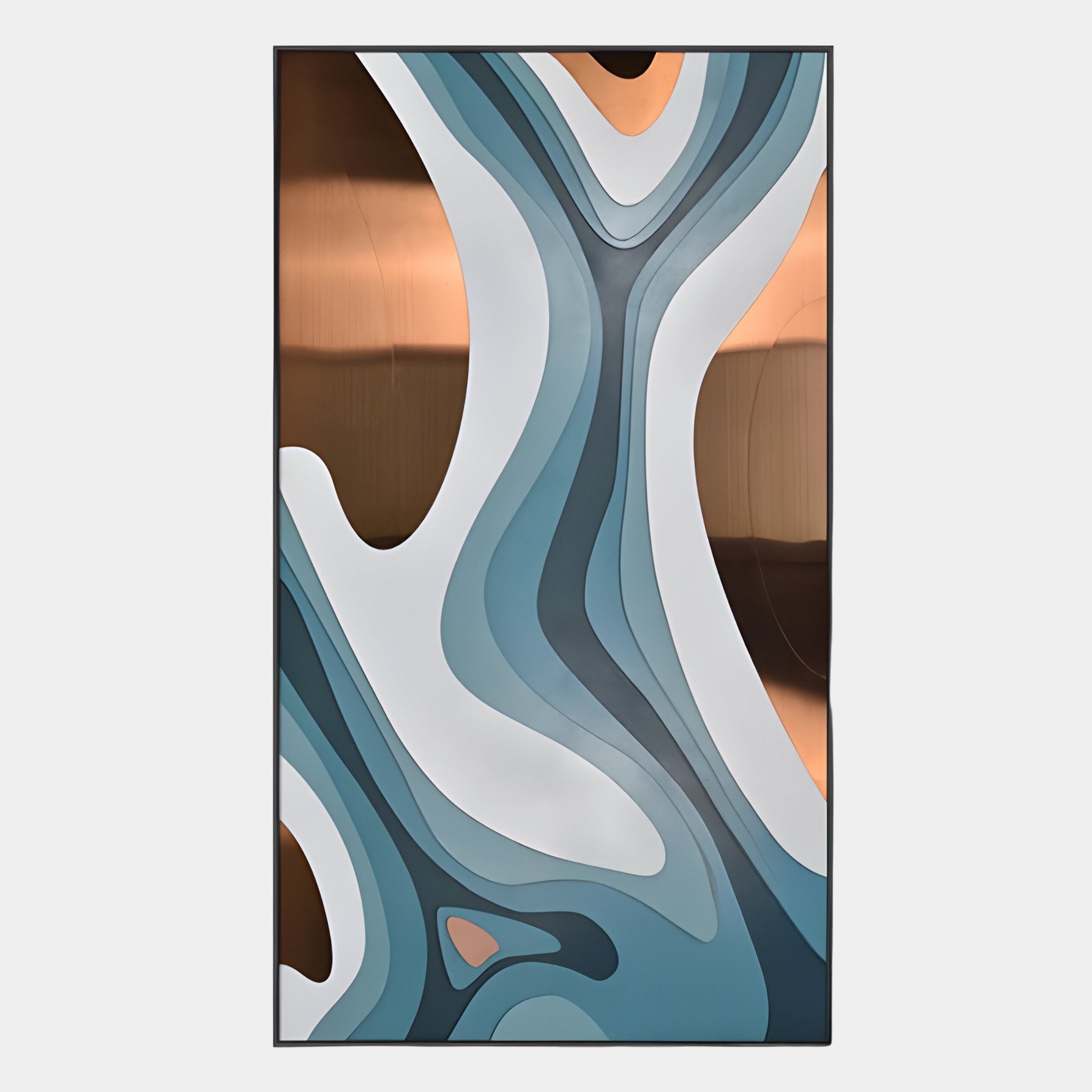 The Marea Organic Flow Teal & Copper Wood Relief 3D Wall Art by Giant Sculptures features layered teal, blue, white, brown, and copper shapes with smooth curves and depth for a striking vertical abstract accent.