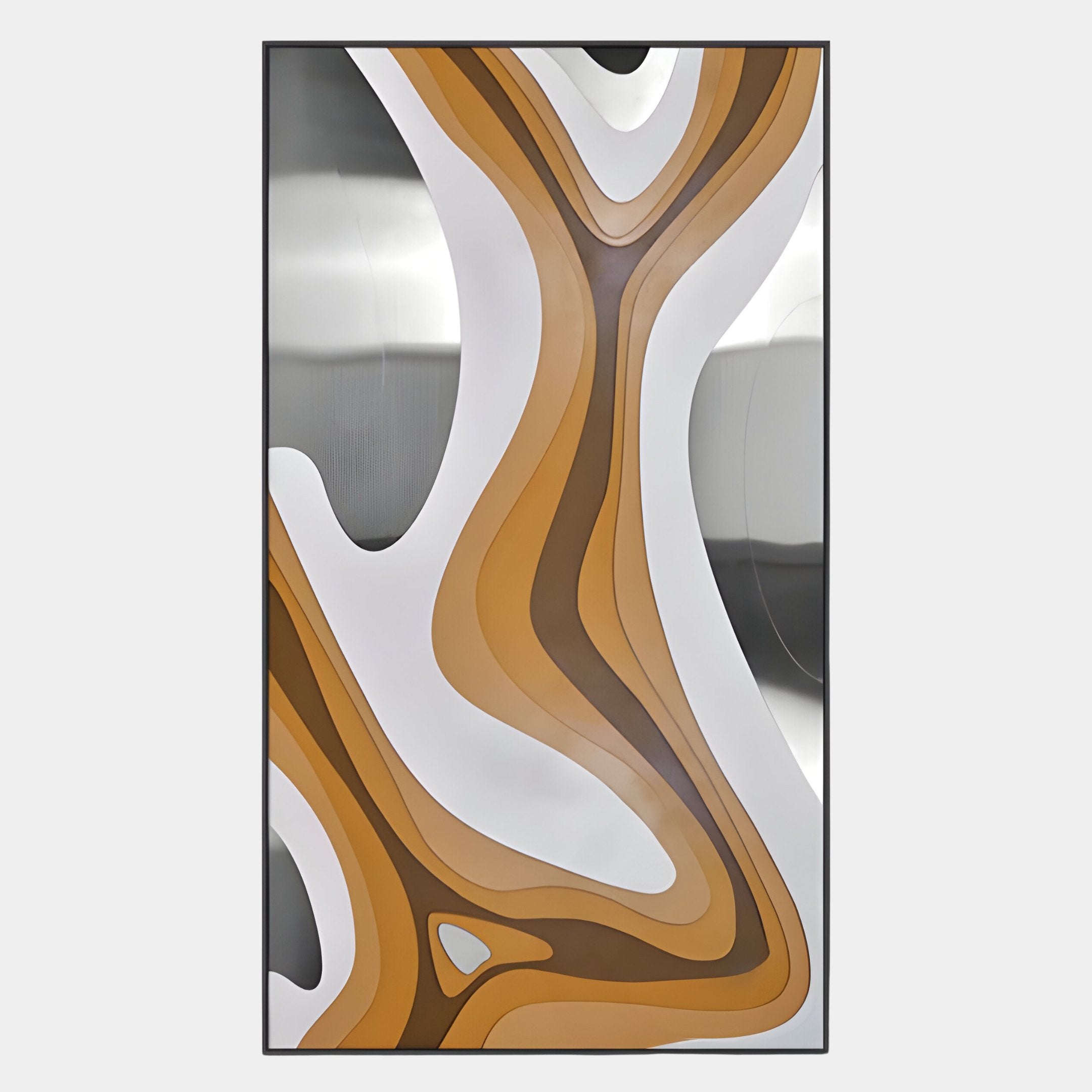 The Marea Organic Flow Ochre & Silver Wood Relief 3D Wall Art by Giant Sculptures features layered, flowing shapes in brown, tan, ochre, and silver with a modern, organic aesthetic and smooth gradients.