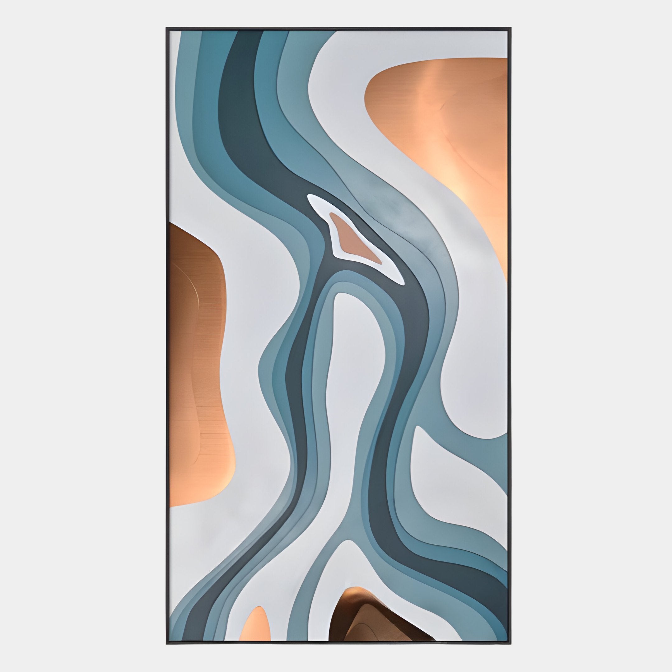The Marea Organic Flow Aqua & Copper Wood Relief 3D Wall Art by Giant Sculptures features wavy teal, white, bronze, and beige shapes in a layered pattern with a thin black frame, evoking a topographic or river-like design.