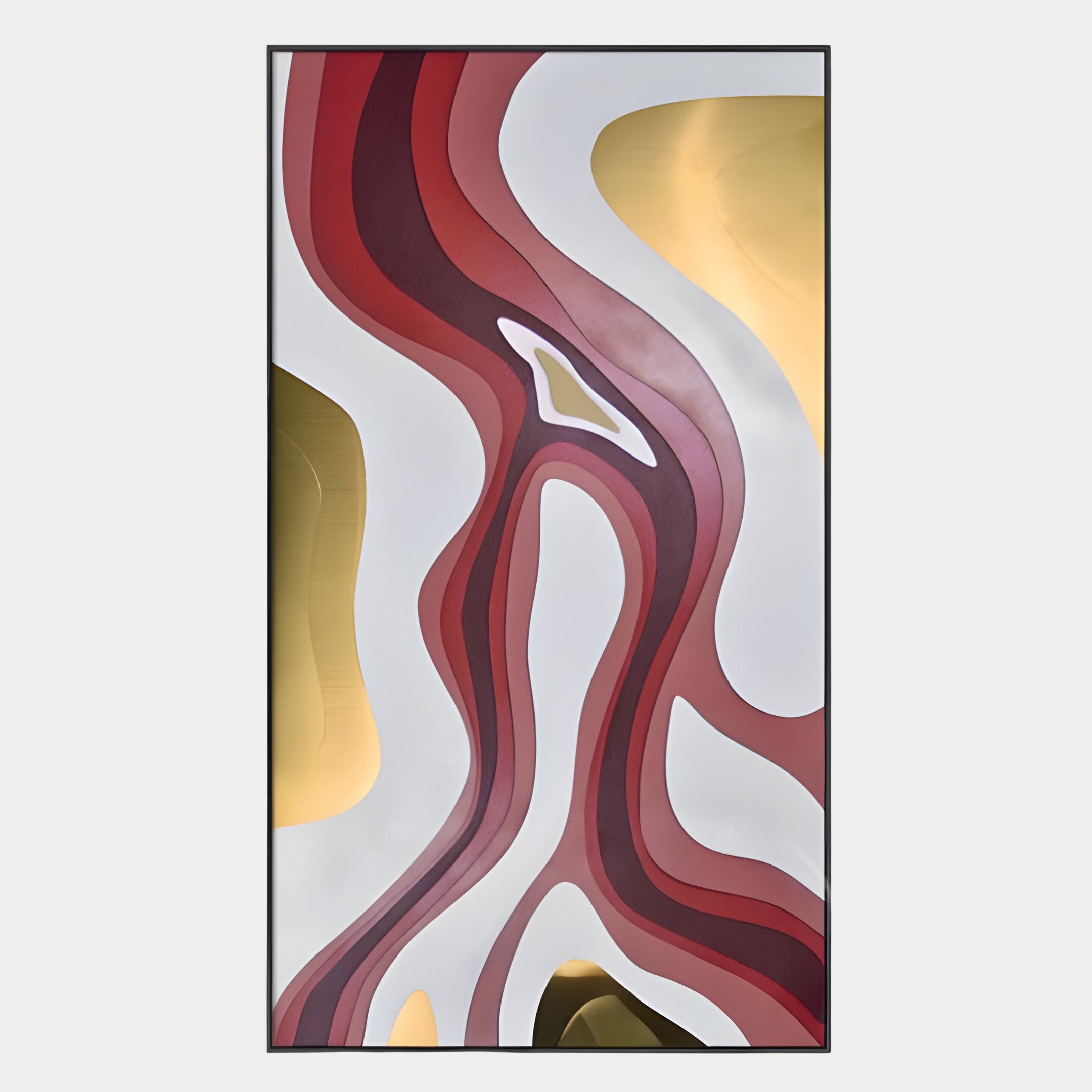 The Marea Organic Flow Crimson & Gold Wood Relief 3D Wall Art by Giant Sculptures features flowing, layered crimson and gold forms with elegant curves and a central white space, evoking wood relief artistry.