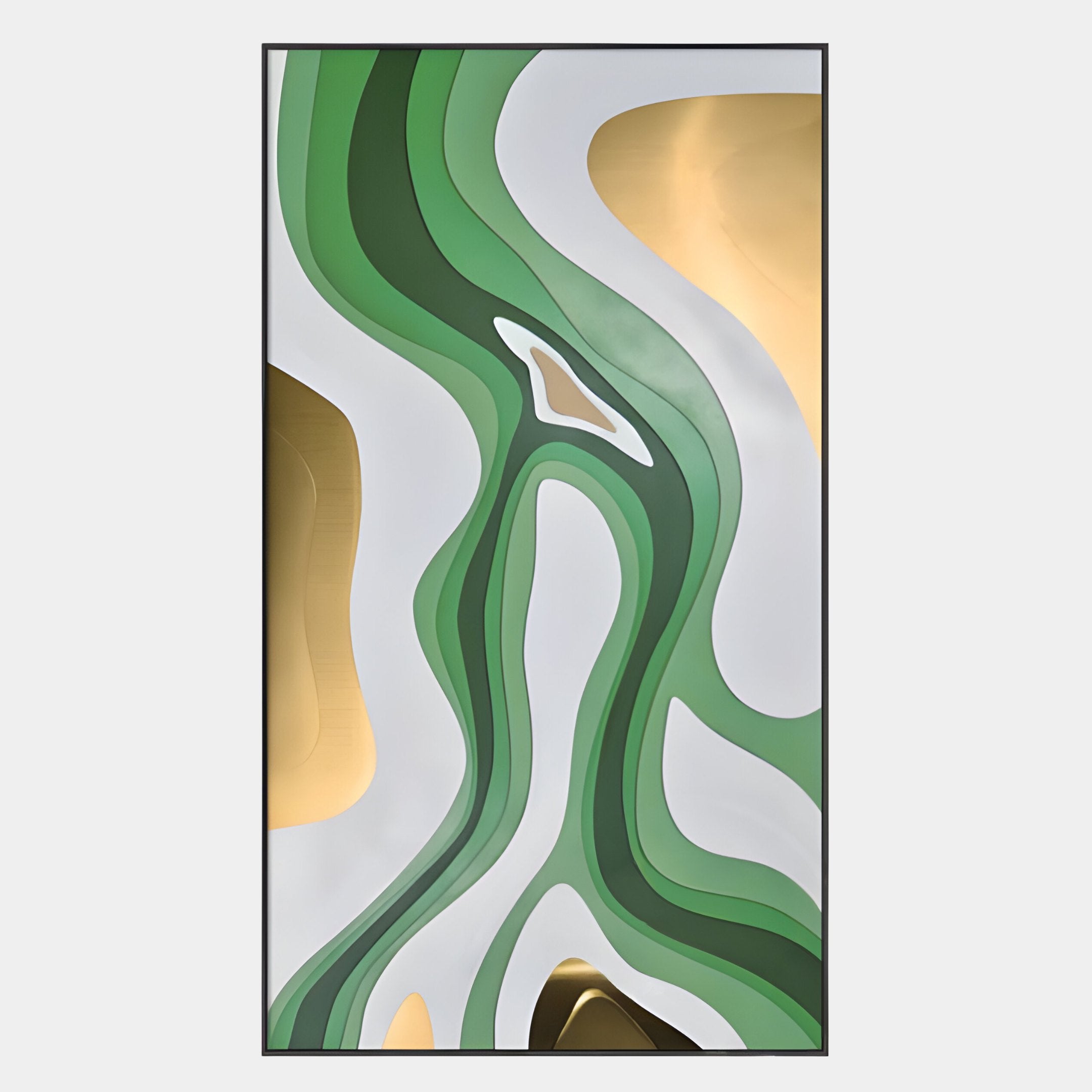 The Marea Organic Flow Green & Gold Wood Relief 3D Wall Art by Giant Sculptures features layered, wavy shapes in green, gold, and white—creating a stunning abstract landscape for your space.