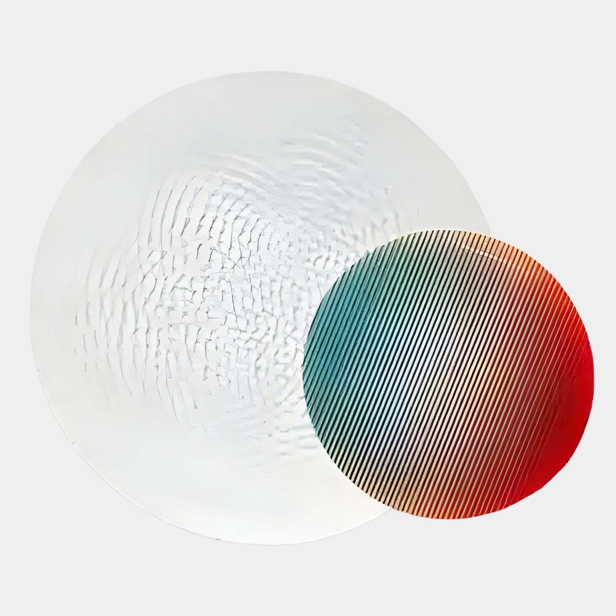 The Lucentis White & Multicolour Gradient Wood Relief 3D Wall Art by Giant Sculptures features a large translucent disc with wavy patterns overlapping a vibrant, diagonally-lined smaller disc, creating an eye-catching piece for any light background.