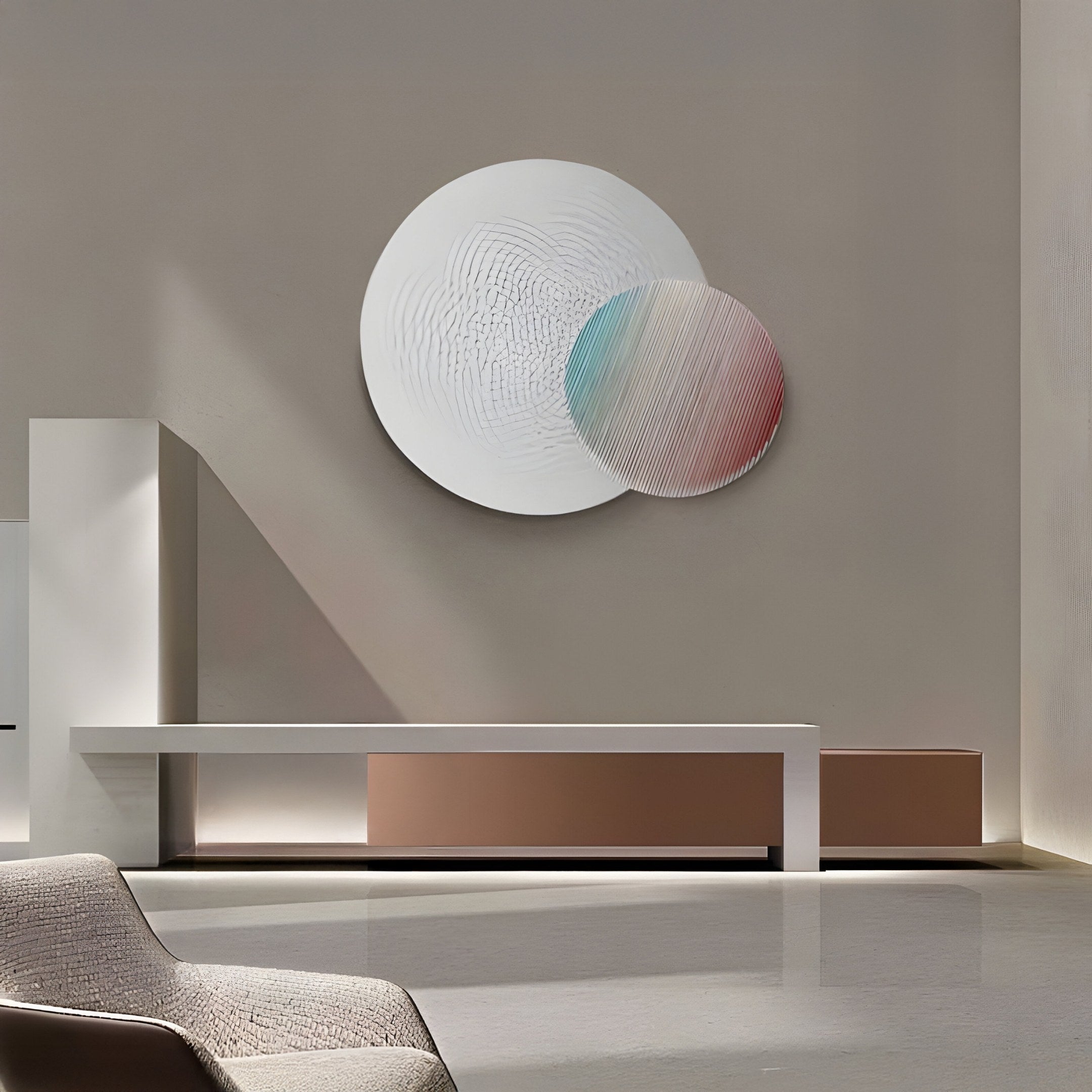 A minimalist interior features two Lucentis 3D wall art pieces by Giant Sculptures with intricate line patterns and white, pastel gradients. An acrylic insert adds depth, while a sleek white bench with brown accents rests against a polished floor.