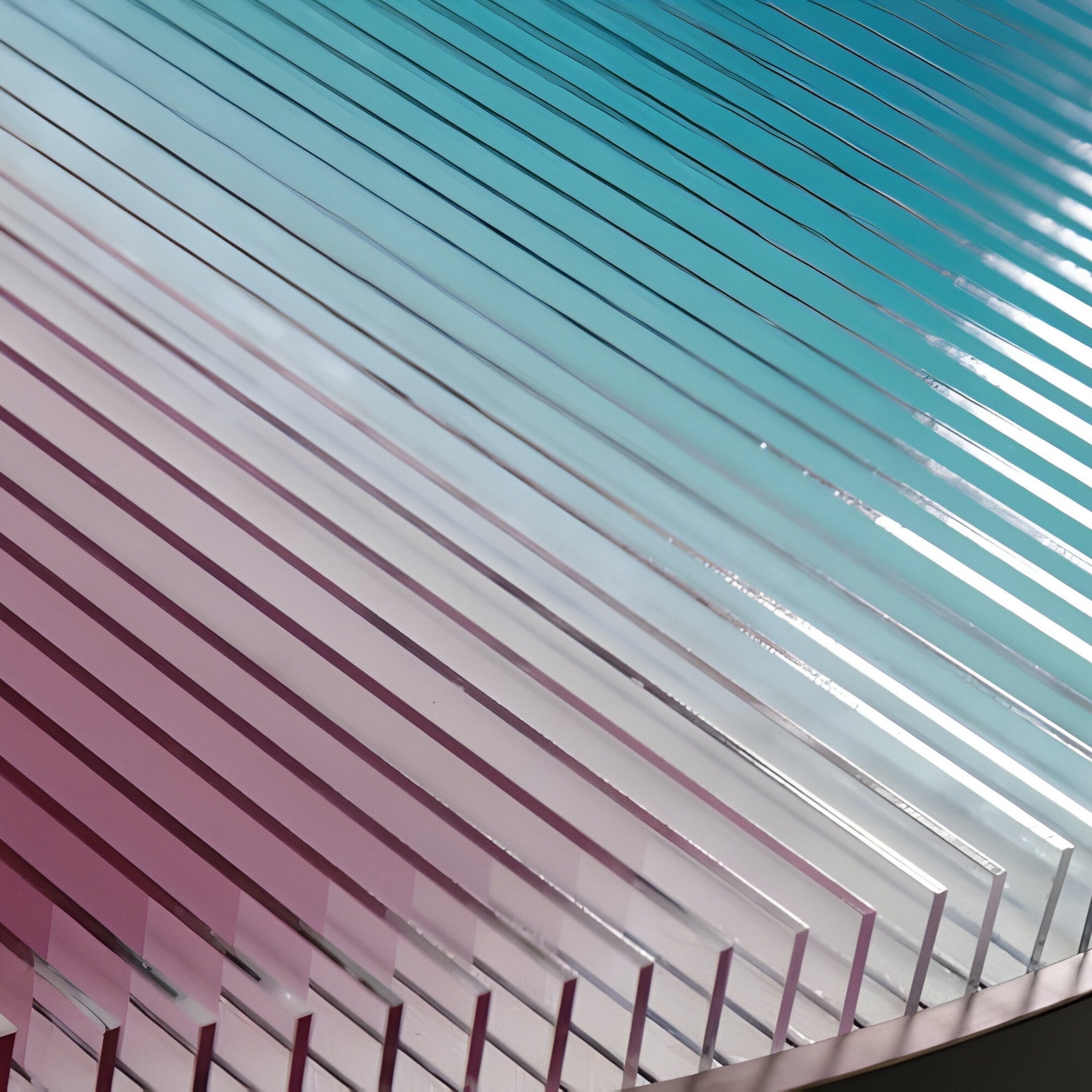The Giant Sculptures Lucentis White & Teal Gradient Wood Relief 3D Wall Art features a close-up geometric pattern with diagonal lines. The colors transition from light pink to teal, creating depth and texture in the design.