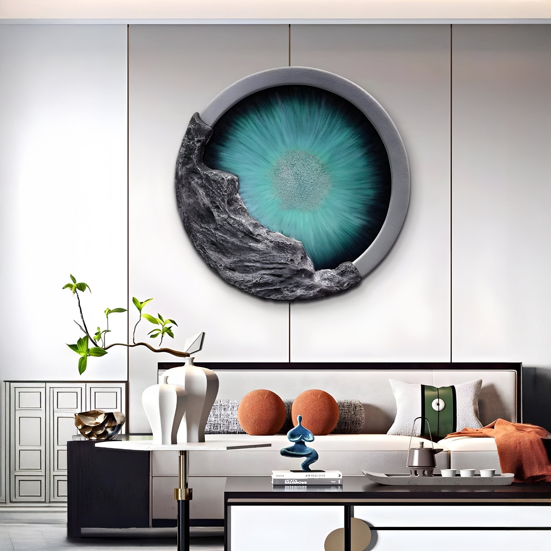 In a modern living room, the Auroria Dynamic Fusion Hand-Painted Wood Relief 3D Wall Art by Giant Sculptures, resembling an eye with a blue-green iris and stone-like textures, graces the wall. Below, a sleek black and white sofa with orange and gray cushions complements the minimalist tables decor.