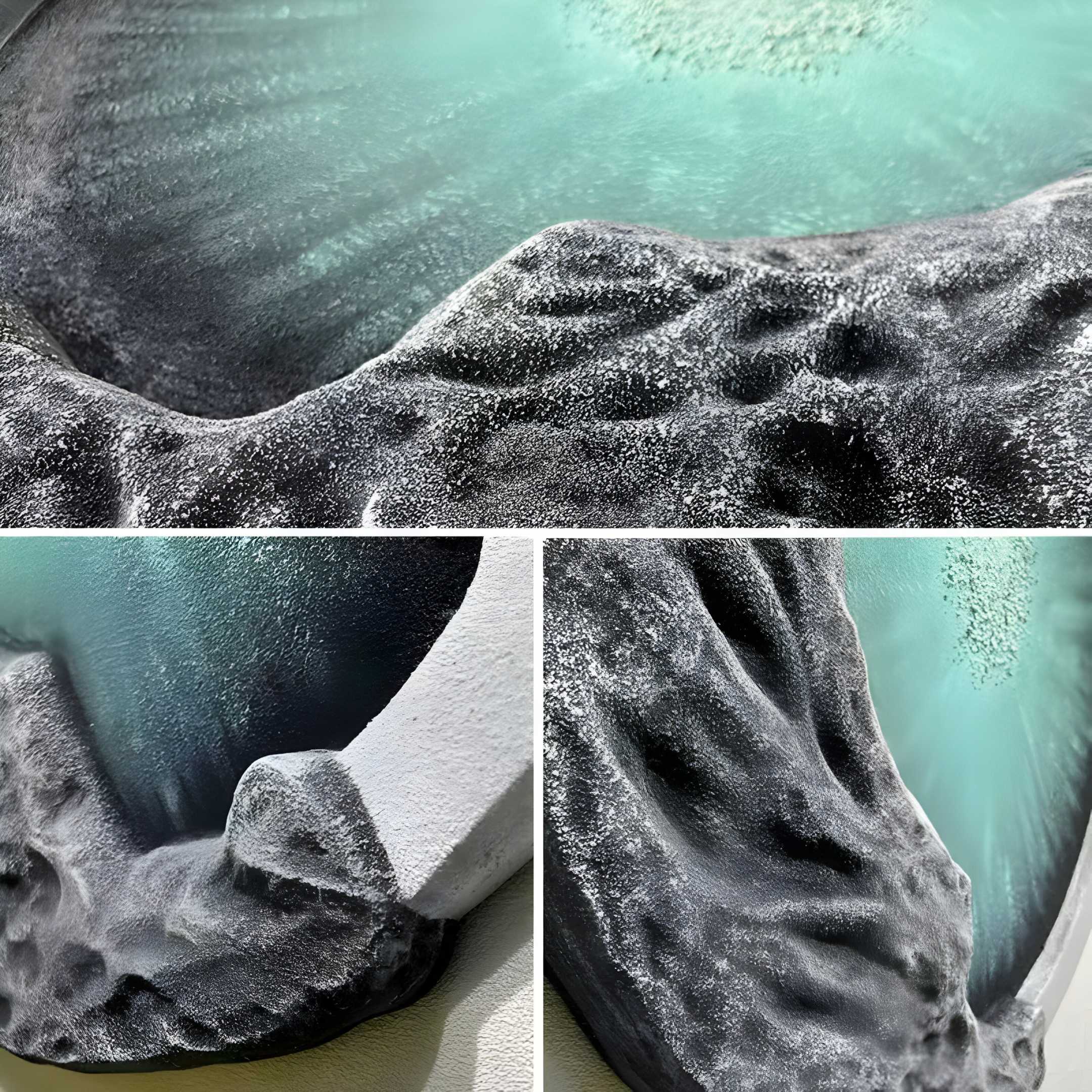 Close-up views of the Auroria Dynamic Fusion 3D Wall Art by Giant Sculptures reveal a textured sculpture resembling rocky formations around a turquoise pool. The hand-painted wood relief has a stone-like appearance, evoking natural erosion or volcanic rock, capturing waters reflective quality.