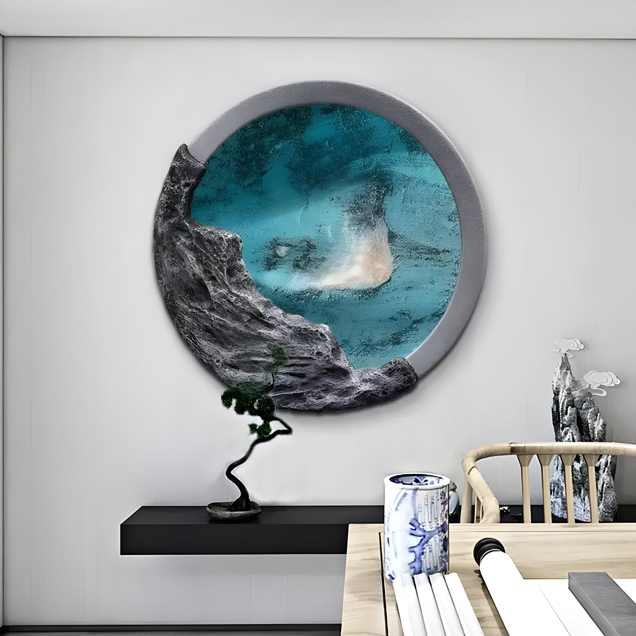 A modern interior features a striking circular Auroria Golden Ember Hand-Painted Wood Relief 3D Wall Art in blue and gray. Below, a low shelf holds a small bonsai tree. A desk hosts scrolls, and an elegant chair complements the graceful Giant Sculptures piece displayed nearby.