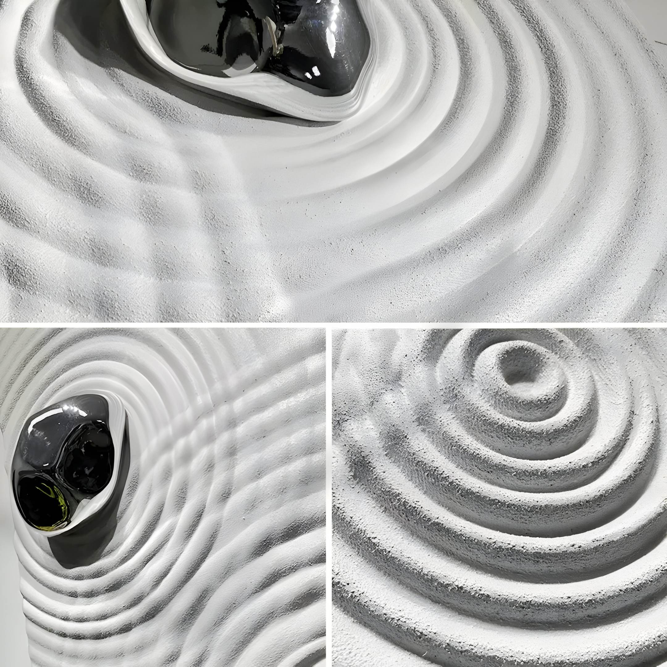 Abstract composition featuring a black sphere embedded in a textured white surface with ripples. The Ondella Silver Ripple I Sandstone Wood Relief 3D Wall Art by Giant Sculptures showcases the interplay of smooth metallic and rough surfaces, similar to minimalist decor art.