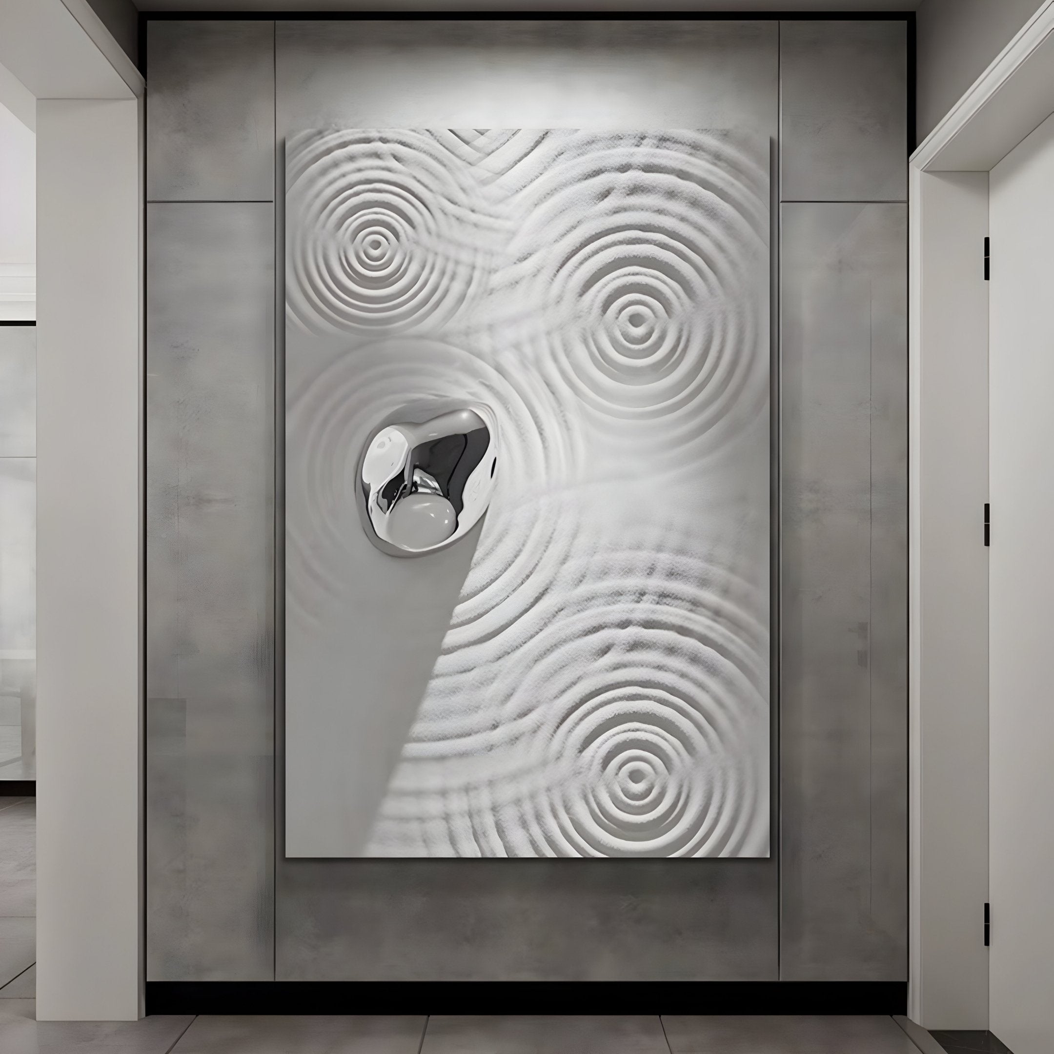 The Giant Sculptures Ondella Silver Ripple III Sandstone Wood Relief 3D Wall Art portrays concentric circles like ripples with a shiny metallic accent on a textured white surface, set against a gray backdrop.