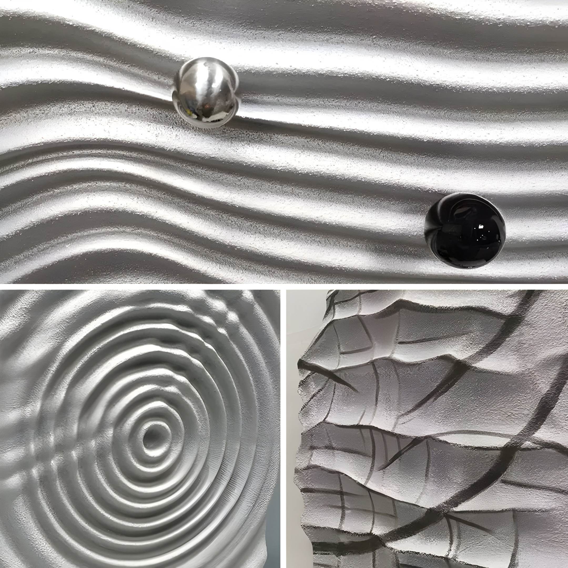 The Calidora Wave Sculpted Textured 3D Relief Wall Art by Giant Sculptures features a collage of three metallic textures: wavy lines with spheres at the top, concentric circles in the middle, and jagged layers at the bottom. It has a shiny silver surface ideal for modern interior decor.