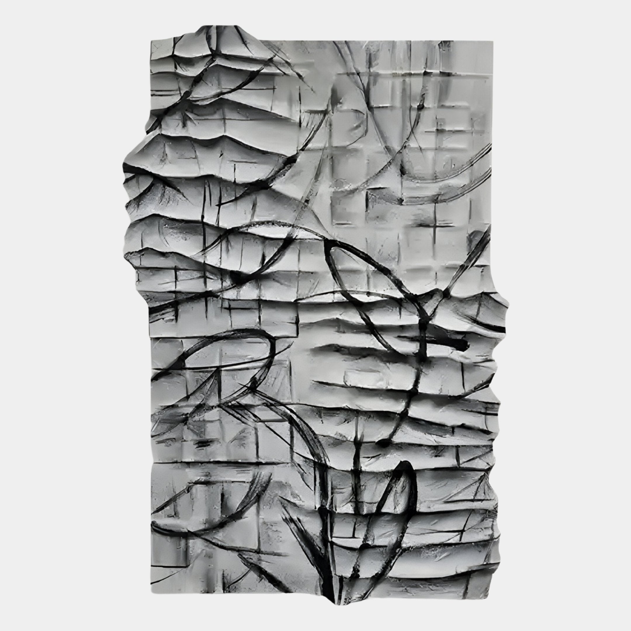 The Calidora Abstract Contour Textured 3D Relief Wall Art by Giant Sculptures features black curved and straight lines on a gray, unevenly sculpted grid, creating dimensional patterns and striking visual depth.