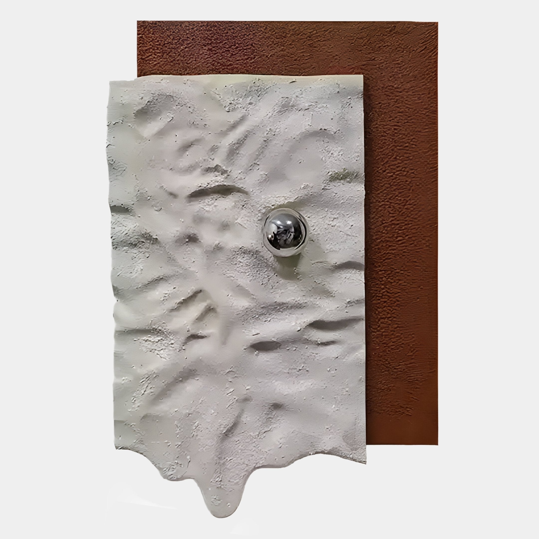 The Calidora Terra Sculpted Textured 3D Relief Wall Art by Giant Sculptures features a wavy-edged white sheet with a shiny metallic sphere, layered over a flat brown rectangle for a striking look.