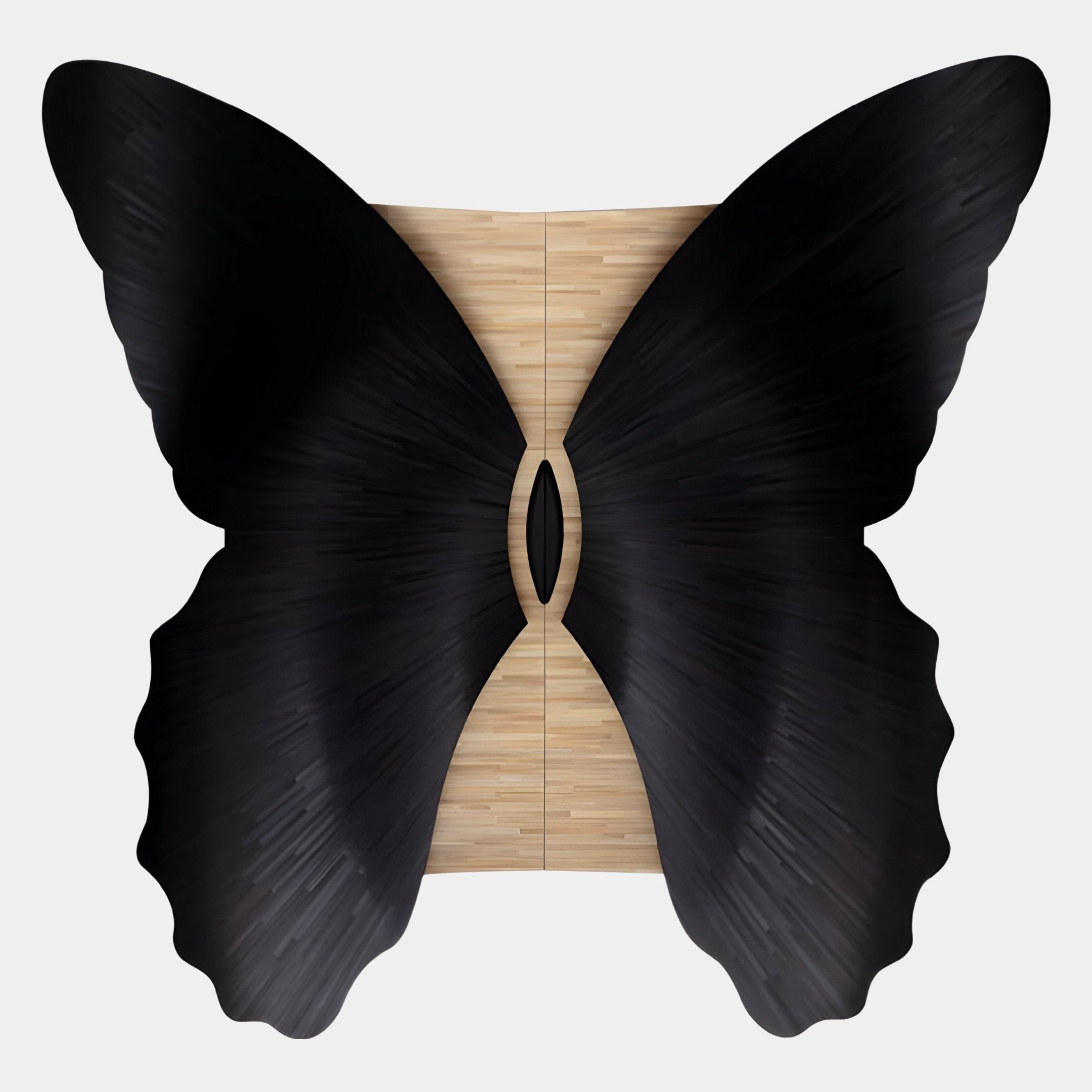 The Lucerna Black Butterfly Wood Carving 3D Wall Art by Giant Sculptures features black, textured surfaces that evoke butterfly wings in flight, resembling elegant wall art against a simple backdrop.