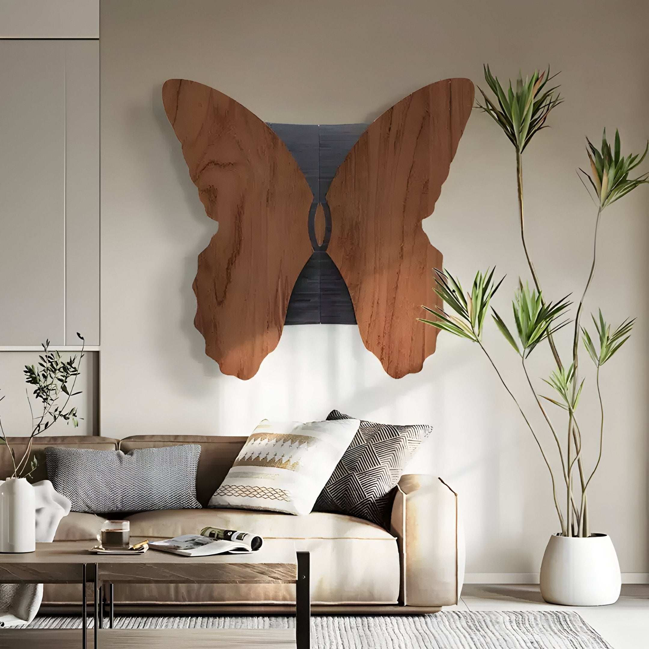 A modern living room radiates elegance with a tan sofa featuring patterned cushions and a wooden coffee table. The Lucerna Brown Butterfly Wood Carving 3D Wall Art from Giant Sculptures hangs above, while a tall plant in a white pot stands elegantly to the right.