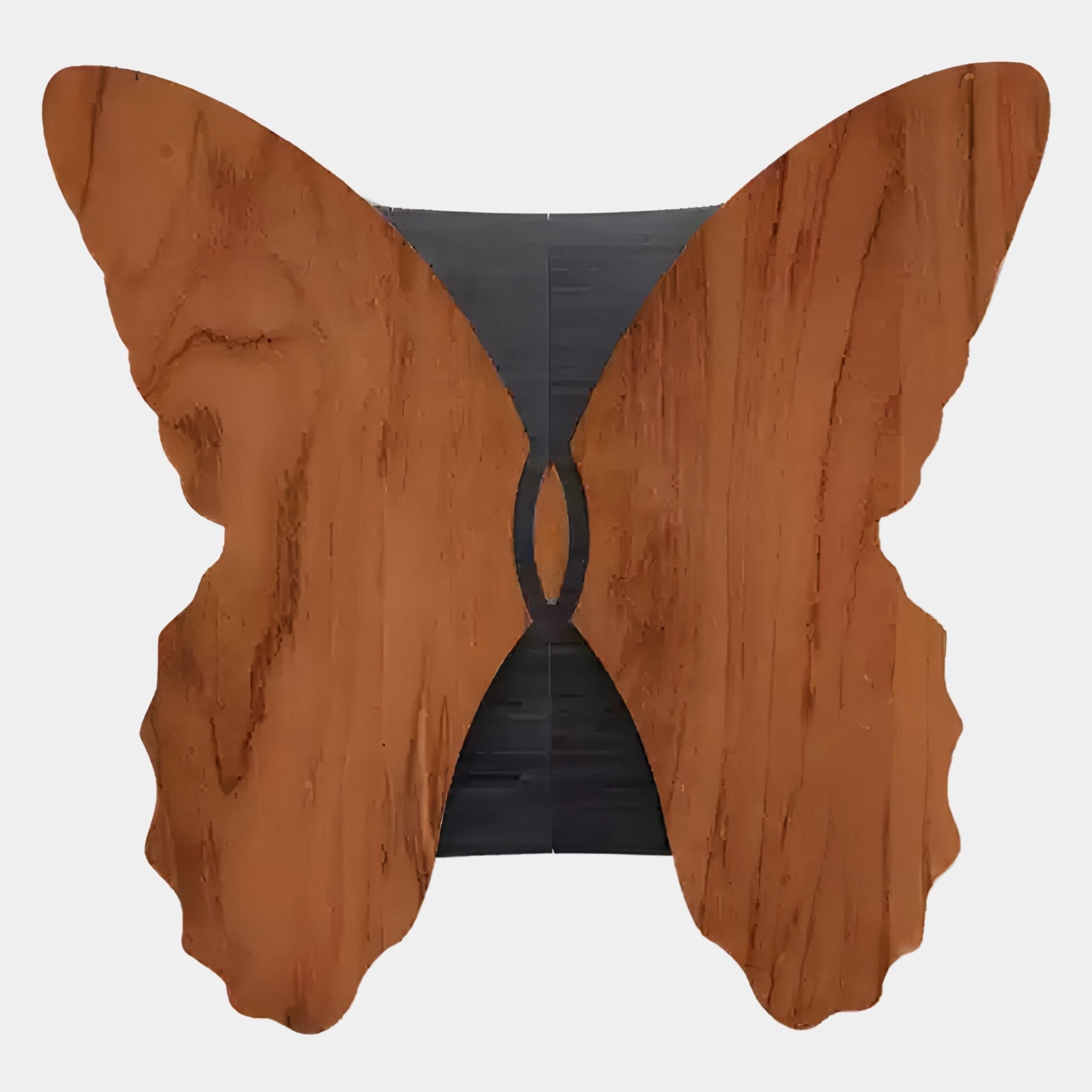 The Giant Sculptures Lucerna Teak Butterfly Wood Carving 3D Wall Art features a symmetrical butterfly shape with smooth, rounded edges, a dark center strip, visible wood grain, and intricate 3D carving details.