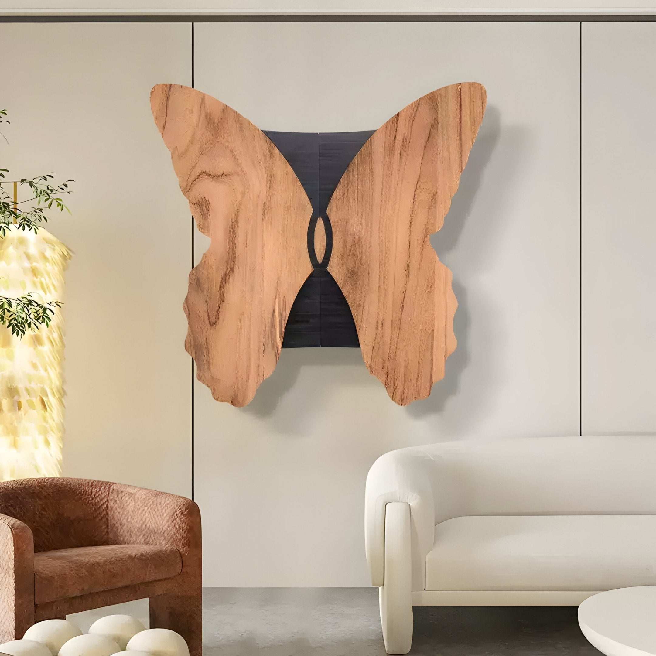 The Lucerna Maple Butterfly Wood Carving 3D Wall Art by Giant Sculptures adorns the light wall, highlighting its natural grain. To the left, a brown textured chair complements it, while a modern white couch is on the right. A decorative plant is partially visible on the left.